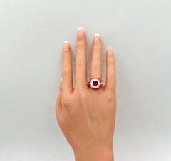 Estate Lugano 2 Carat Vivid Red Ruby Cushion & Diamond in Enamel & 18K Rose Gold