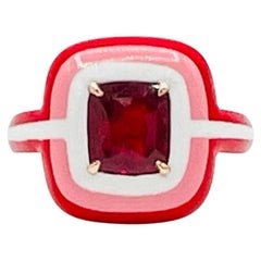 Estate Lugano 2 Carat Vivid Red Ruby Cushion & Diamond in Enamel & 18K Rose Gold