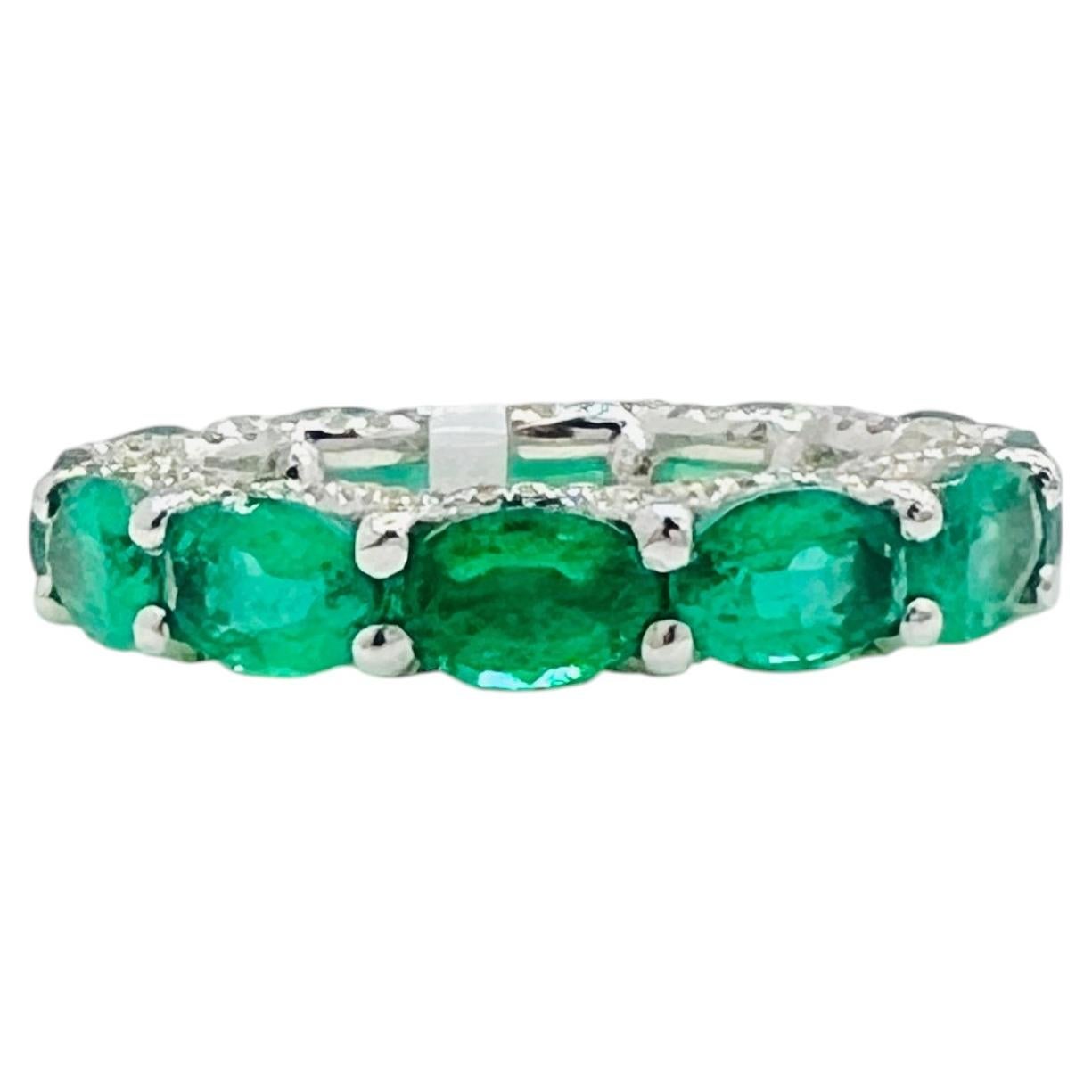 Estate Lugano Emerald Oval Eternity Band Ring in 18K White Gold