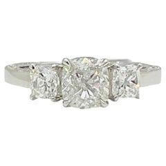Estate Lugano GIA 1 Carat Cushion and Round Diamond Ring in 18K White Gold