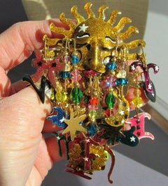 Estate LUNCH AT THE RITZ Enamel Celestial Sun Charm Dangle Designer Brooch Pin
