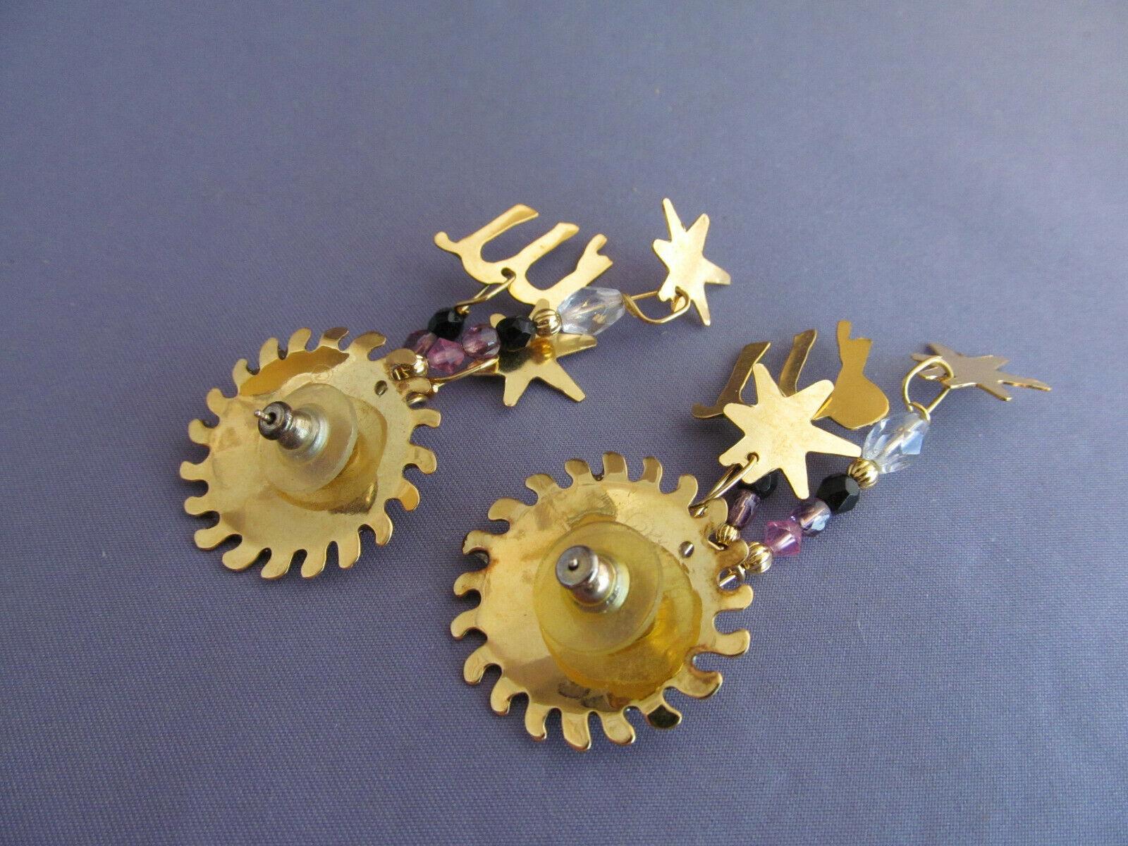 Large Enamel Celestial Sun Charm Designer Pierced Dangle Earrings; signed: LUNCH AT THE RITZ; These “Fun in the Sun” Earrings epitomize vintage charm and personality! Measuring approx. 2.75