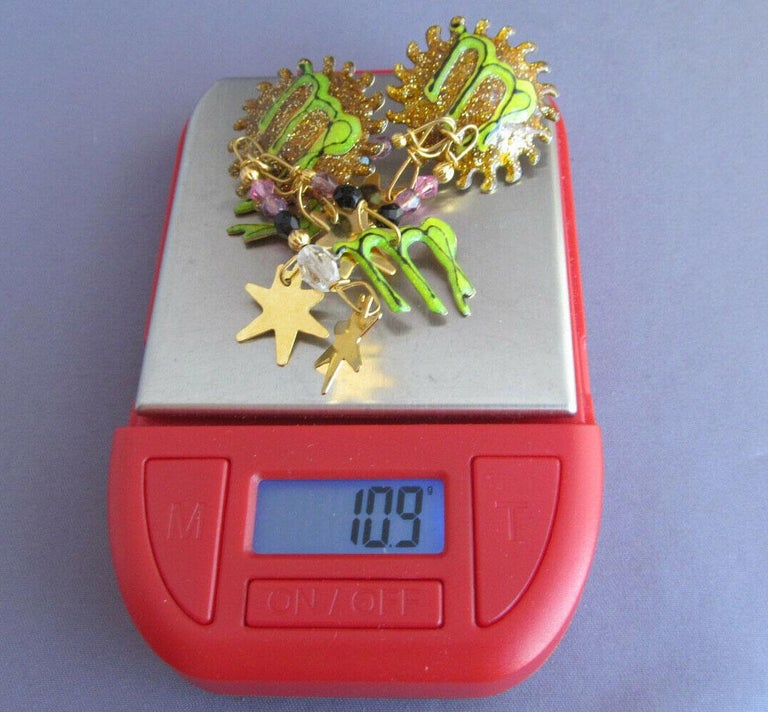 Estate LUNCH AT THE RITZ Enamel Celestial Sun Charm Dangle Earrings at