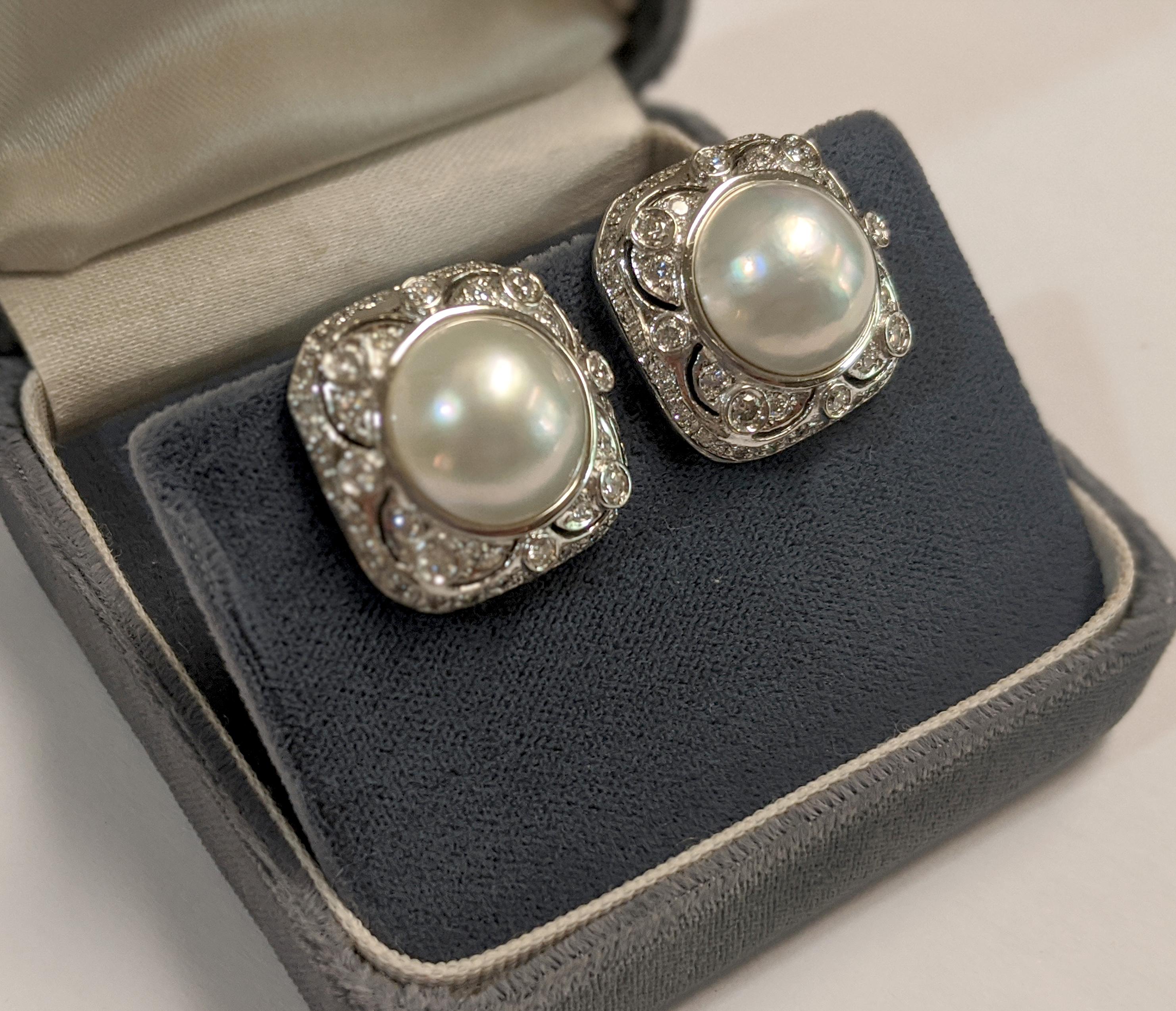Round Cut Estate Mabe Pearl and Diamond Button Earrings