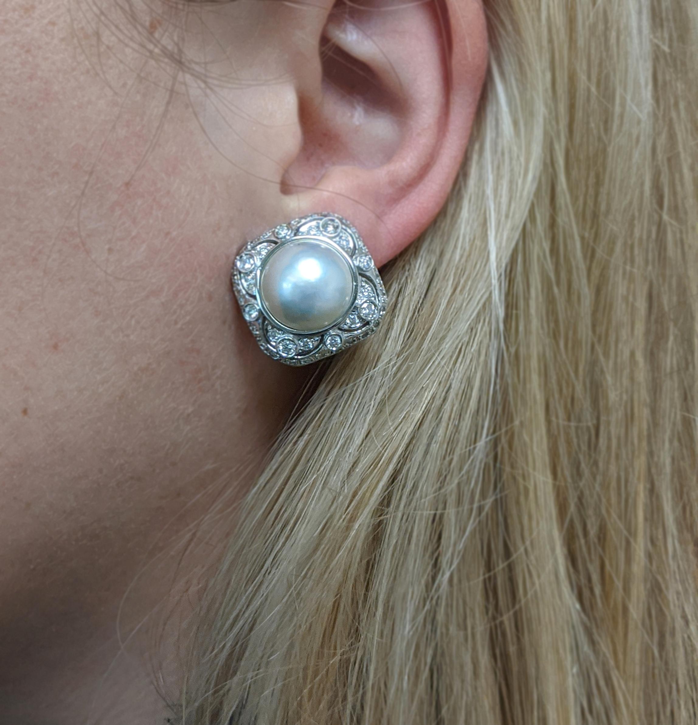 Women's Estate Mabe Pearl and Diamond Button Earrings