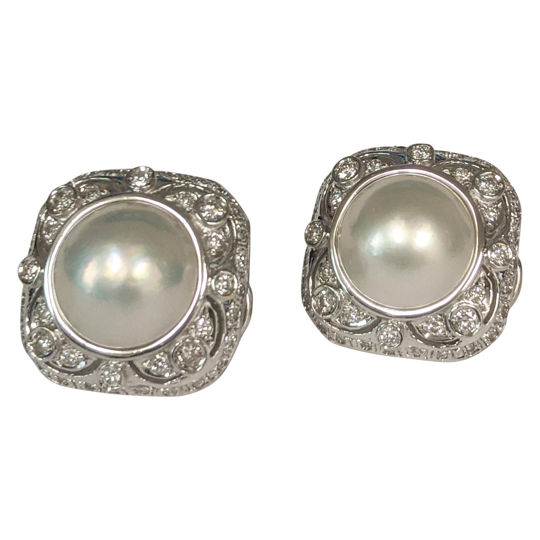 Estate Mabe Pearl and Diamond Button Earrings