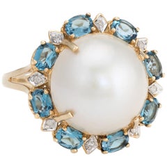 Estate Mabe Pearl Topaz Diamond Ring 14 Karat Gold Round Cocktail Jewelry Fine