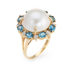 Estate Mabe Pearl Topaz Diamond Ring 14 Karat Gold Round Cocktail Jewelry Fine