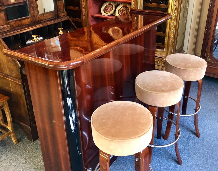 Estate Mahogany Art Deco Style Bar Set 3 Stools, Bar and Bar Back with