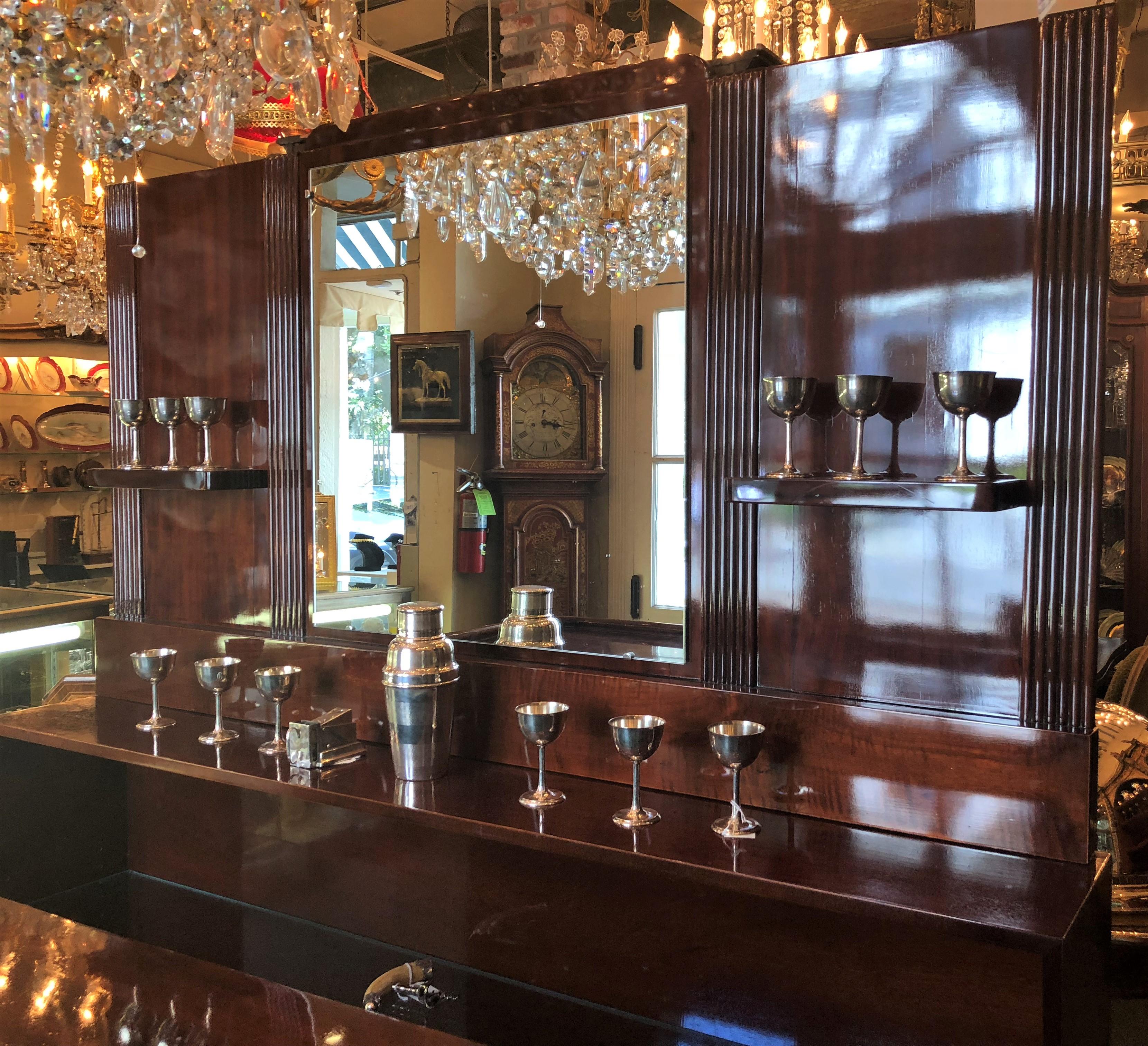 American Estate Mahogany Art Deco Style Bar Set: 3 Stools, Bar and Bar Back with Mirror