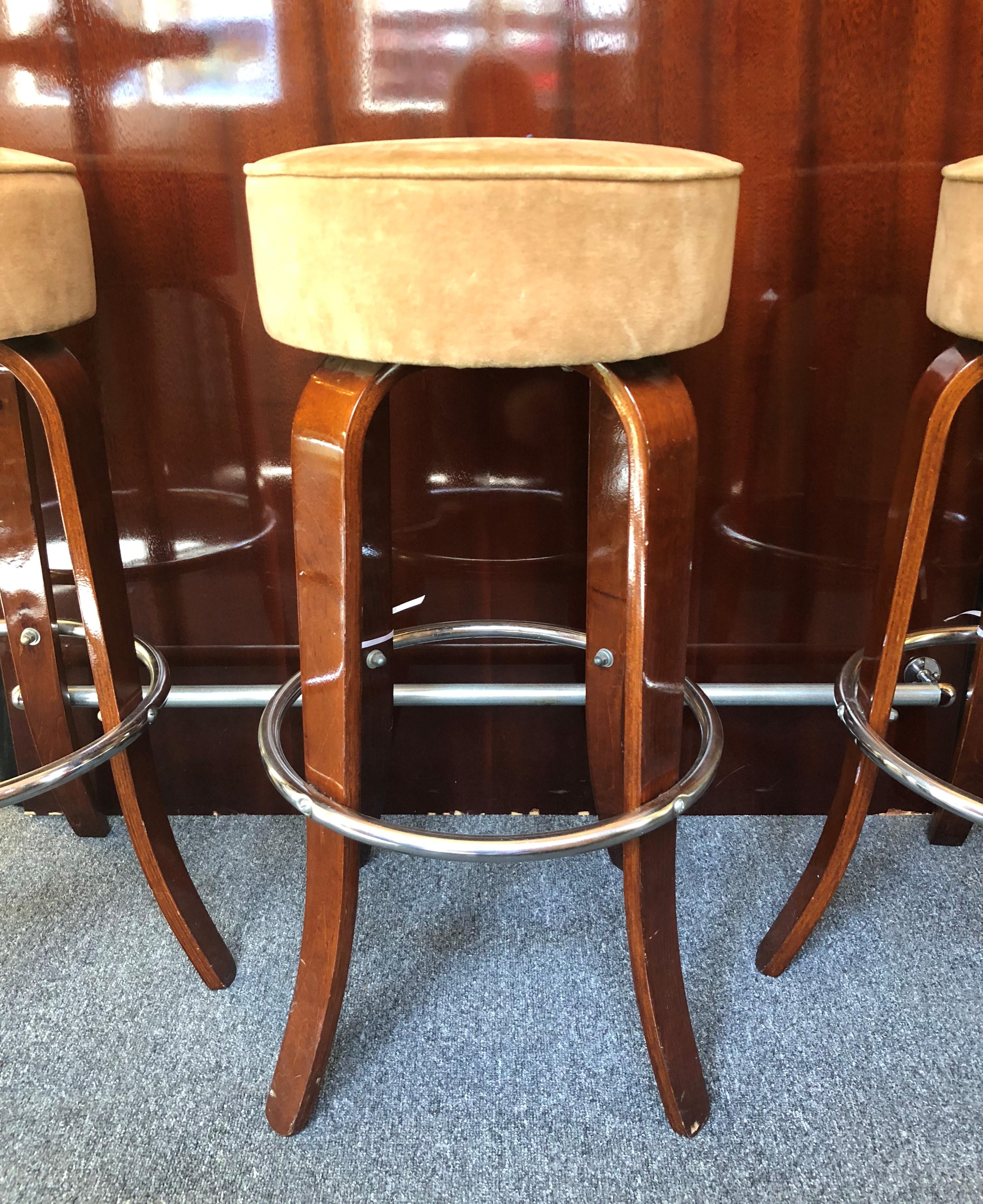 Estate Mahogany Art Deco Style Bar Set: 3 Stools, Bar and Bar Back with Mirror In Excellent Condition In New Orleans, LA