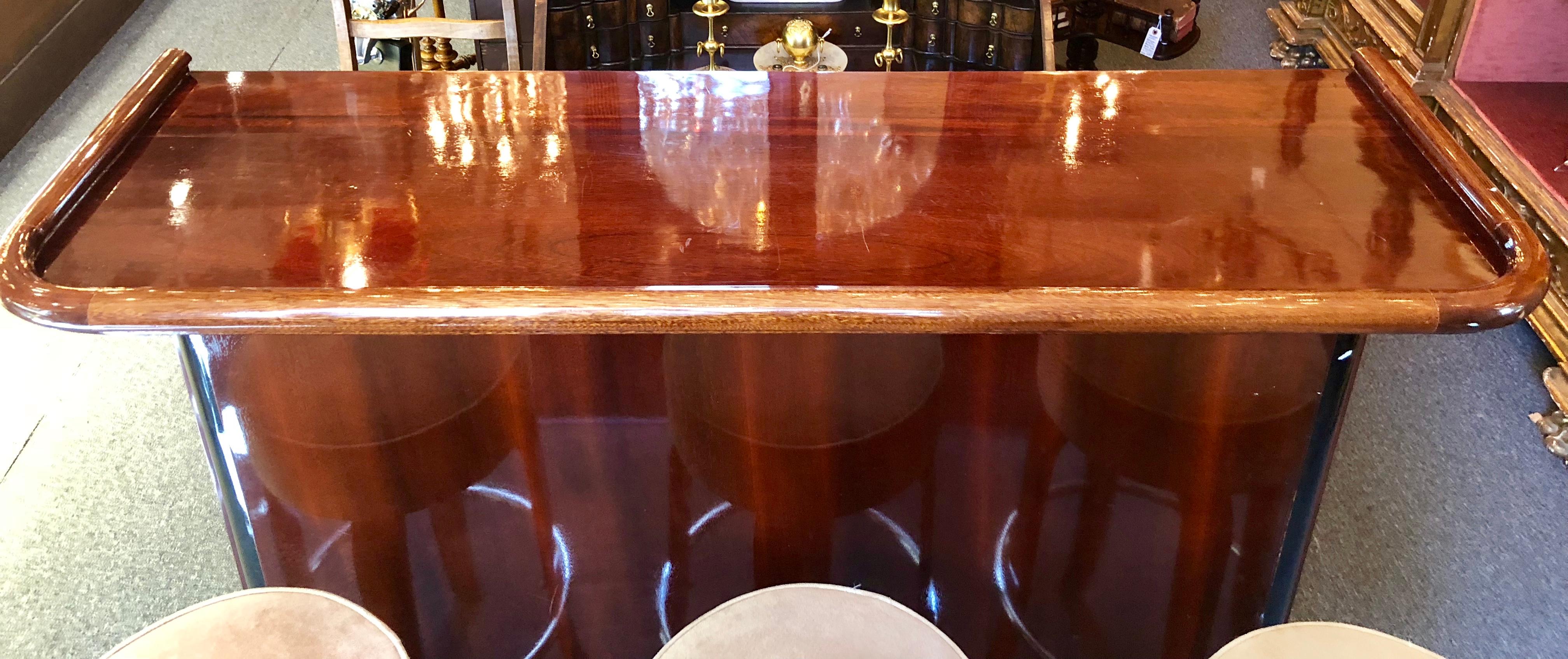 20th Century Estate Mahogany Art Deco Style Bar Set: 3 Stools, Bar and Bar Back with Mirror