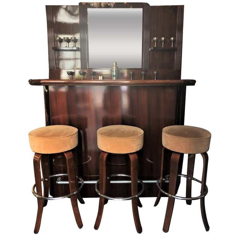 Estate Mahogany Art Deco Style Bar Set 3 Stools, Bar and Bar Back with