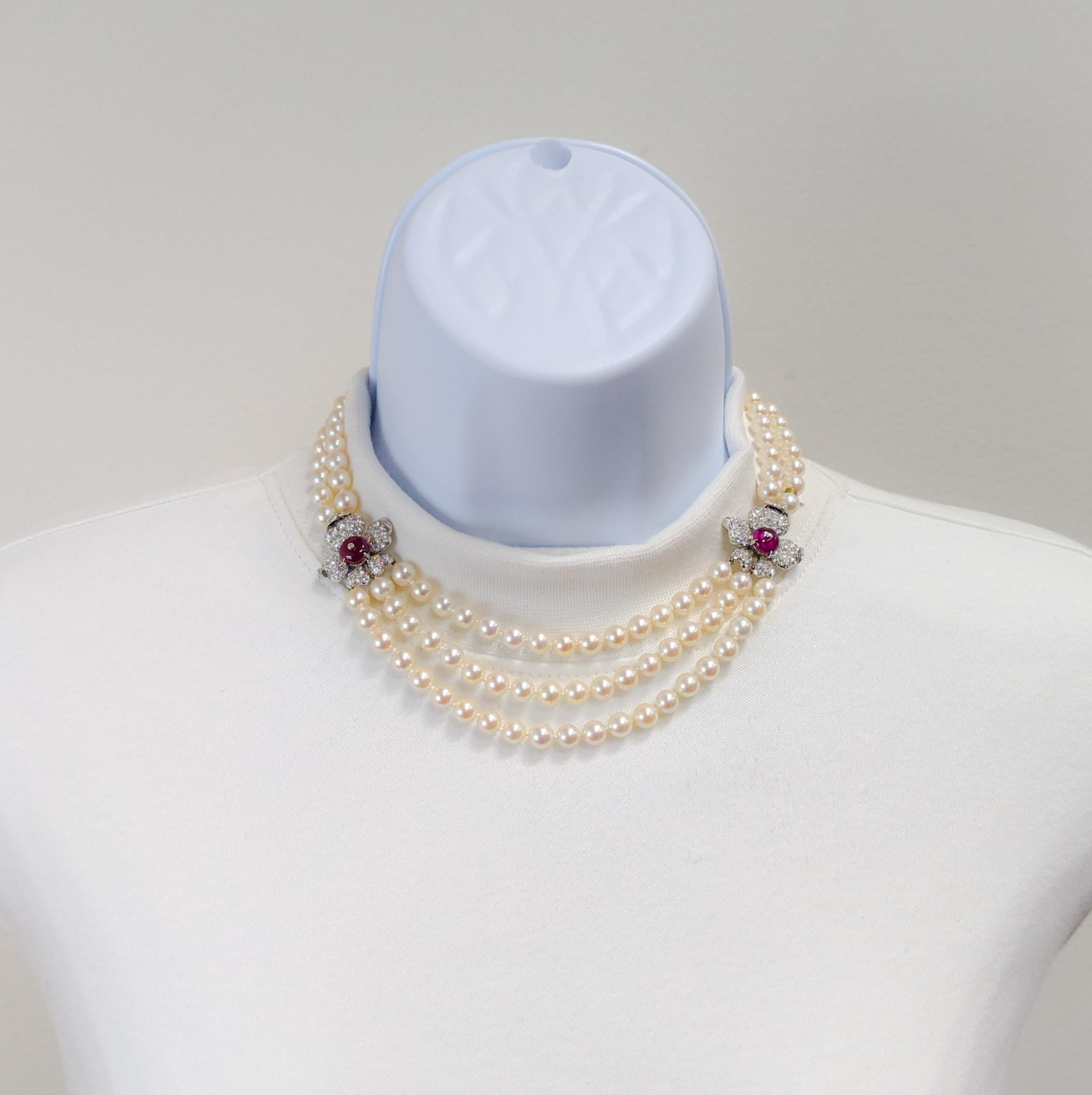 Taille ronde Marianne Ostier Collier de perles en rubis rouge de Birmanie et diamants AGL (succession)  en vente