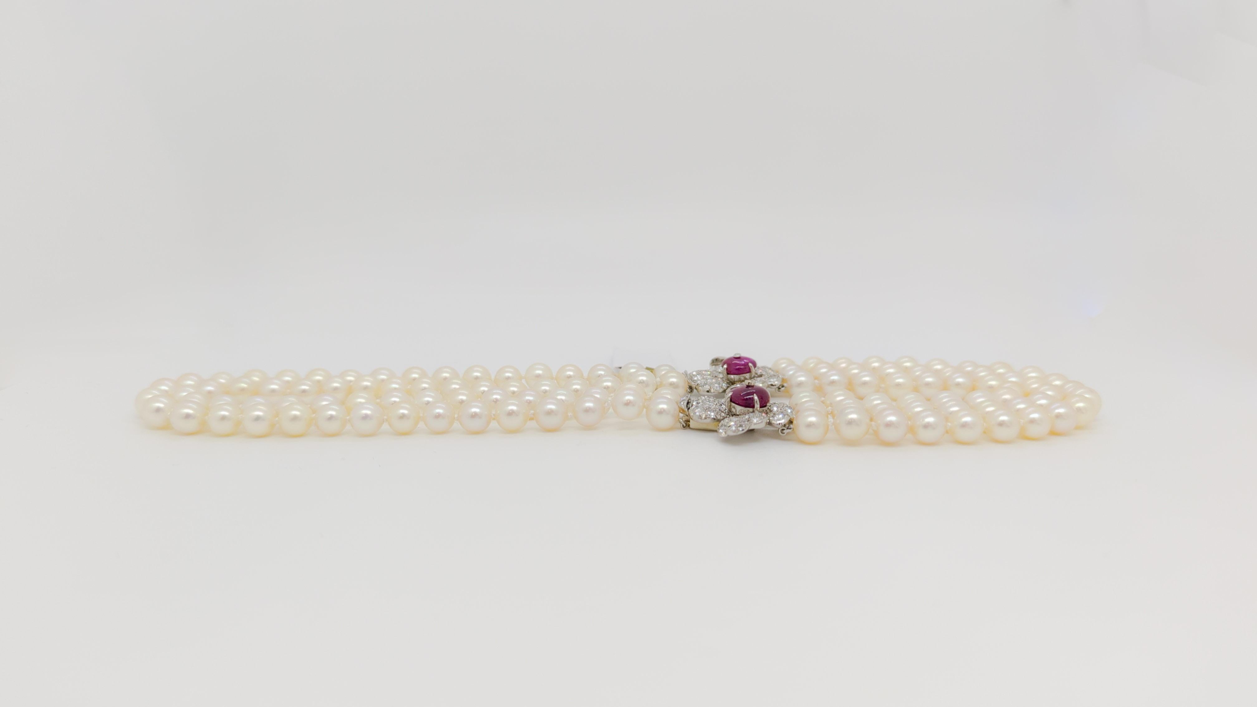 Femenino o masculino Collar de perlas con diamantes y rubíes rojos de Birmania Estate Marianne Ostier AGL  en venta