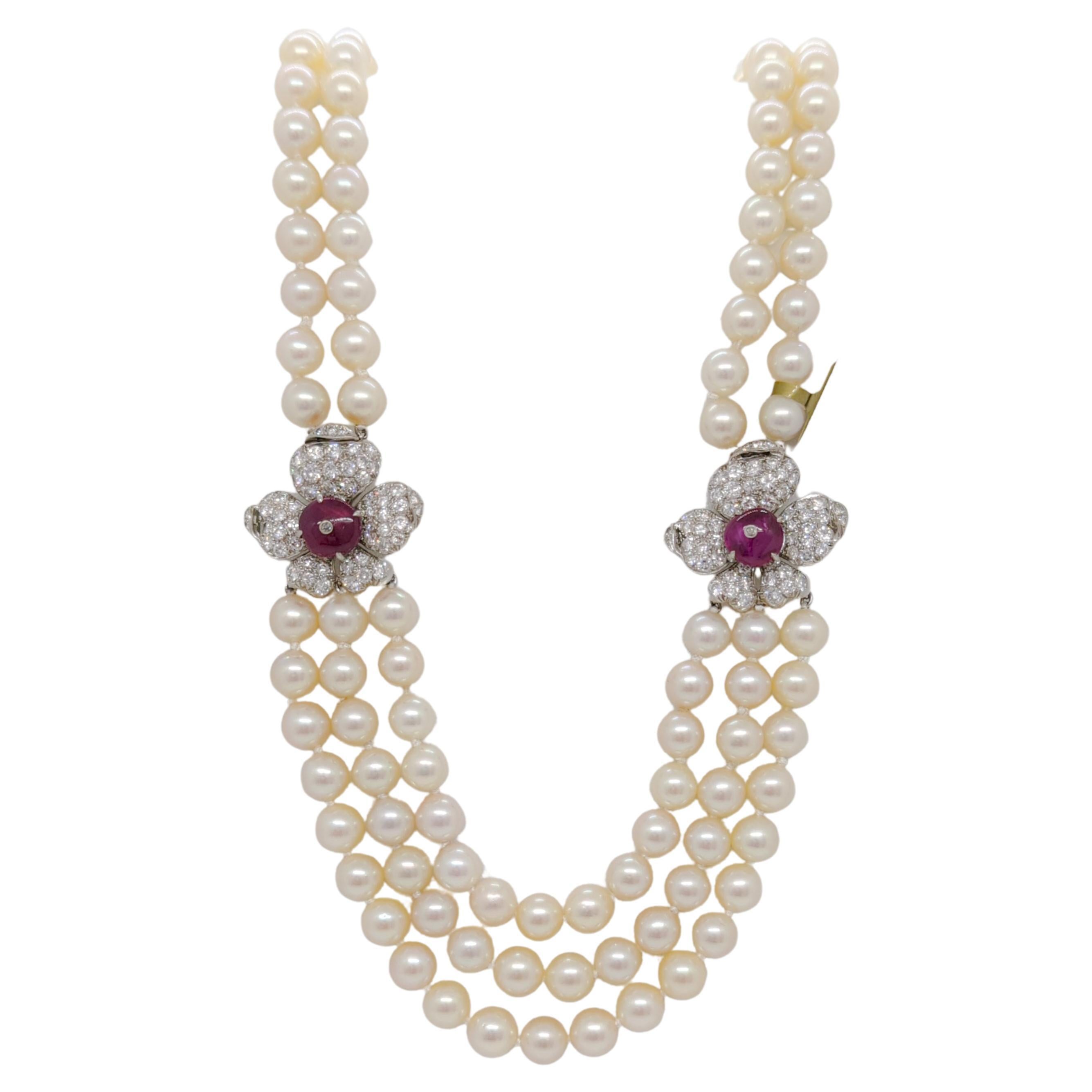 Estate Marianne Ostier AGL Burma Red Ruby and Diamond Pearl Necklace  For Sale