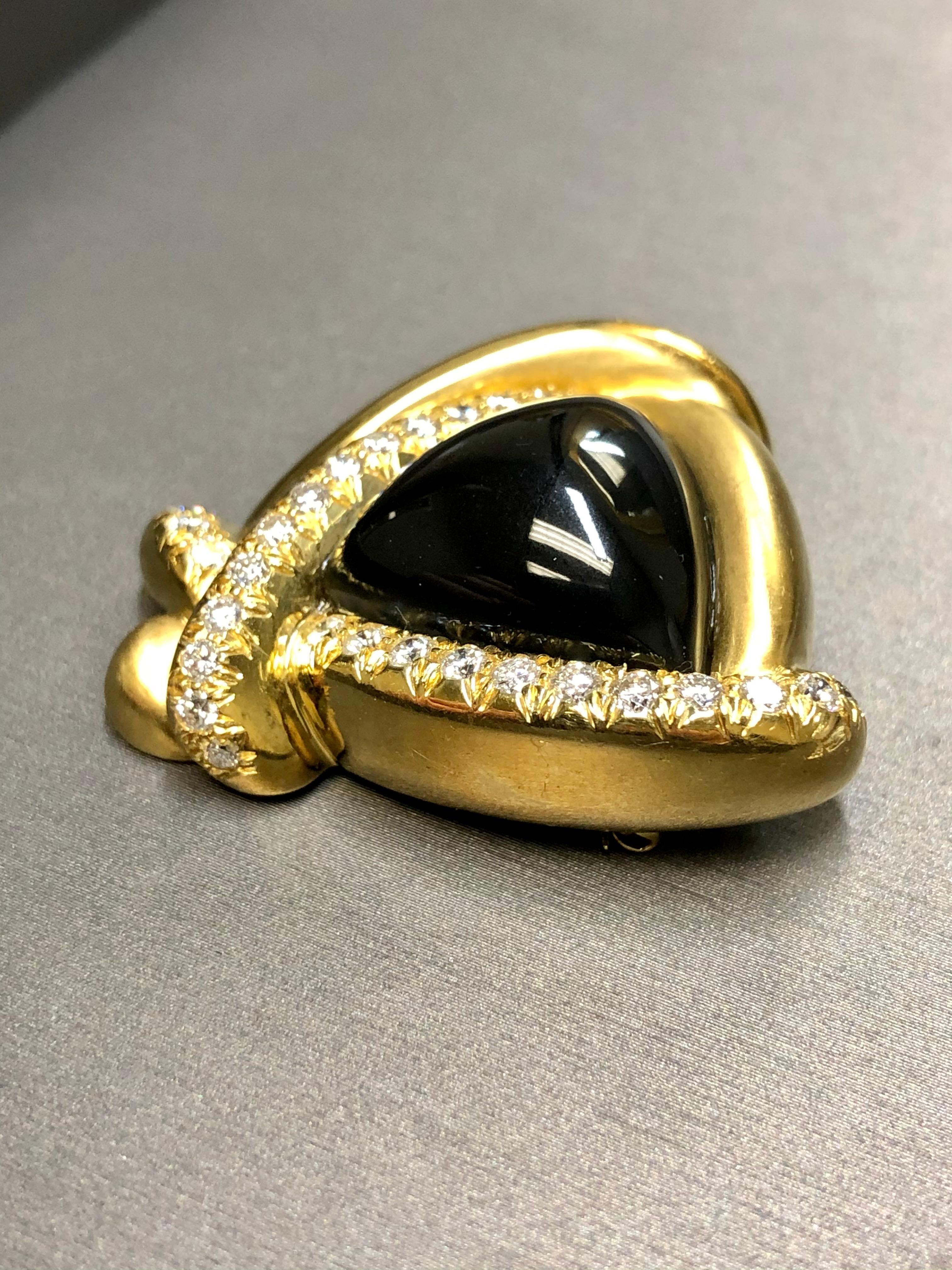 Estate MARLENE STOWE Satin Finish 18K Cabochon Onyx Diamond Brooch Pin G Vs For Sale 4