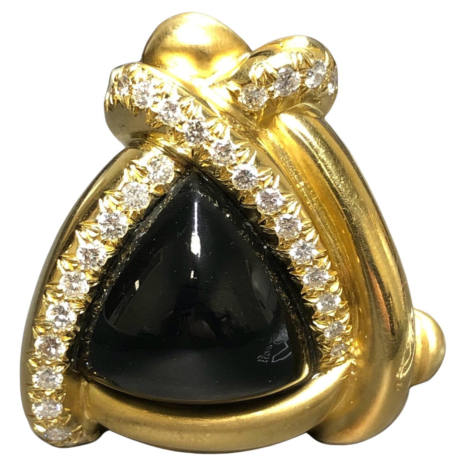 Estate MARLENE STOWE Satin Finish 18K Cabochon Onyx Diamond Brooch Pin G Vs For Sale