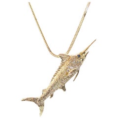Estate Marlin Pendant with Diamonds and Sapphire Eye, 14 Karat Yellow Gold