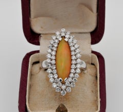 Estate Marquee Shaped Fire Opal 2.60 Ct Diamond Ring