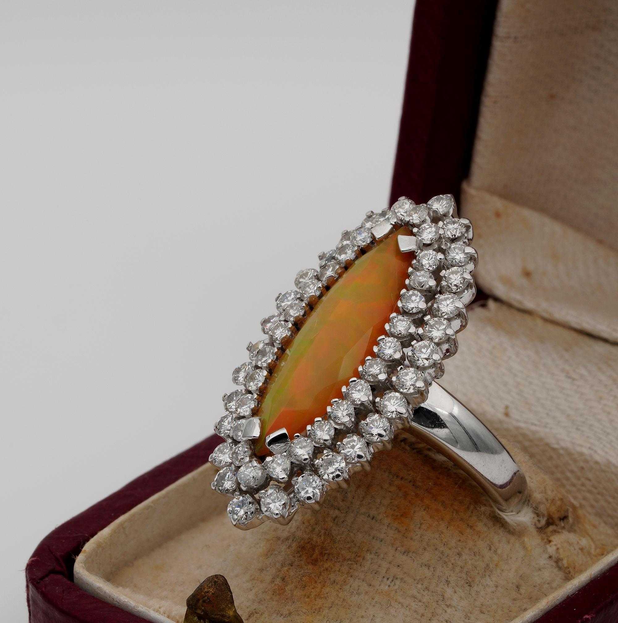 Women's or Men's Estate Marquee Shaped Fire Opal 2.60 Ct Diamond Ring For Sale