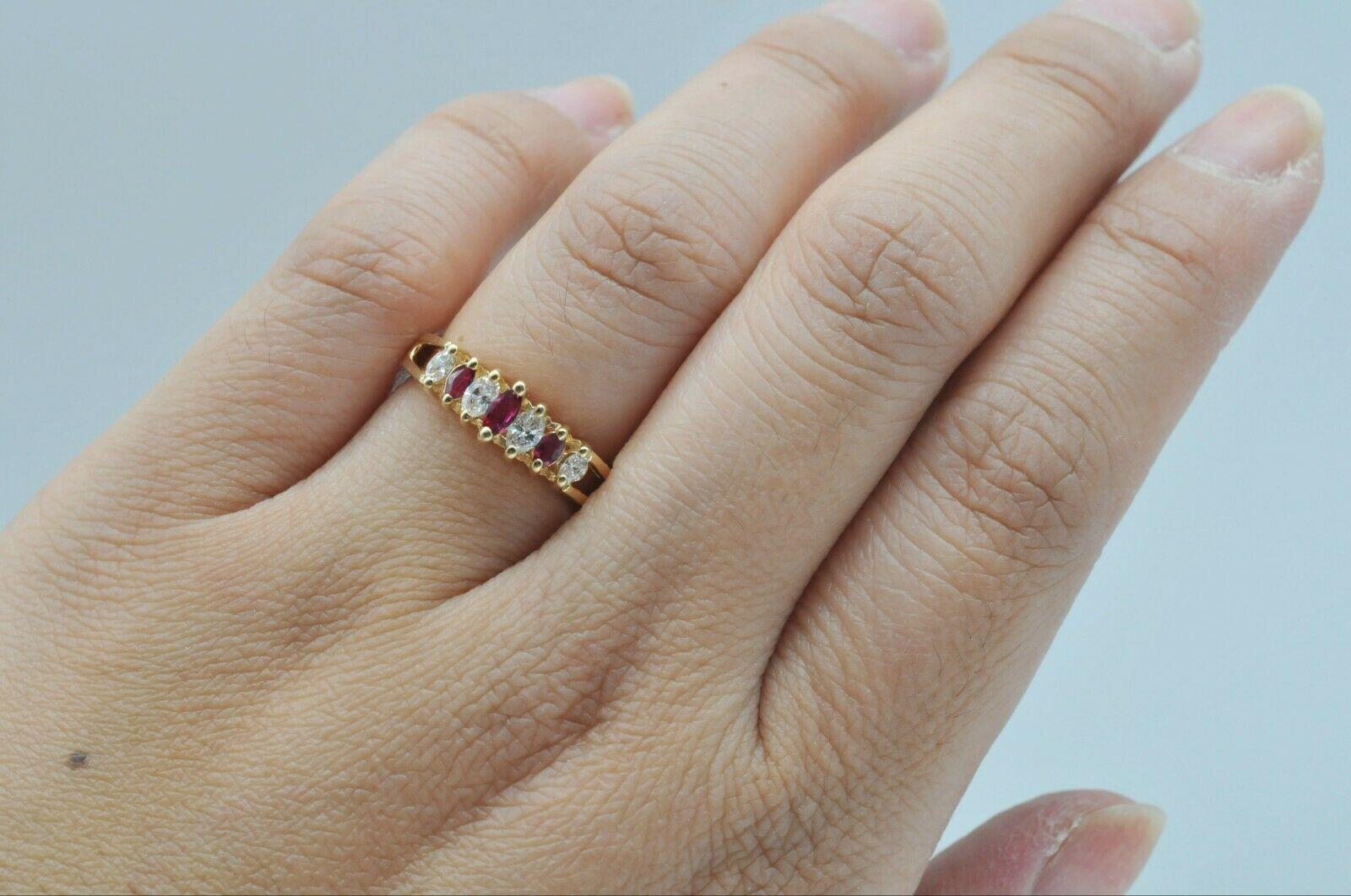 Women's or Men's Estate Marquise Diamond and Ruby Ring in 14k Yellow Gold For Sale