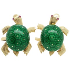 Estate Martine 14 Karat Yellow Gold Green Guilloche Enamel Turtle Cufflinks