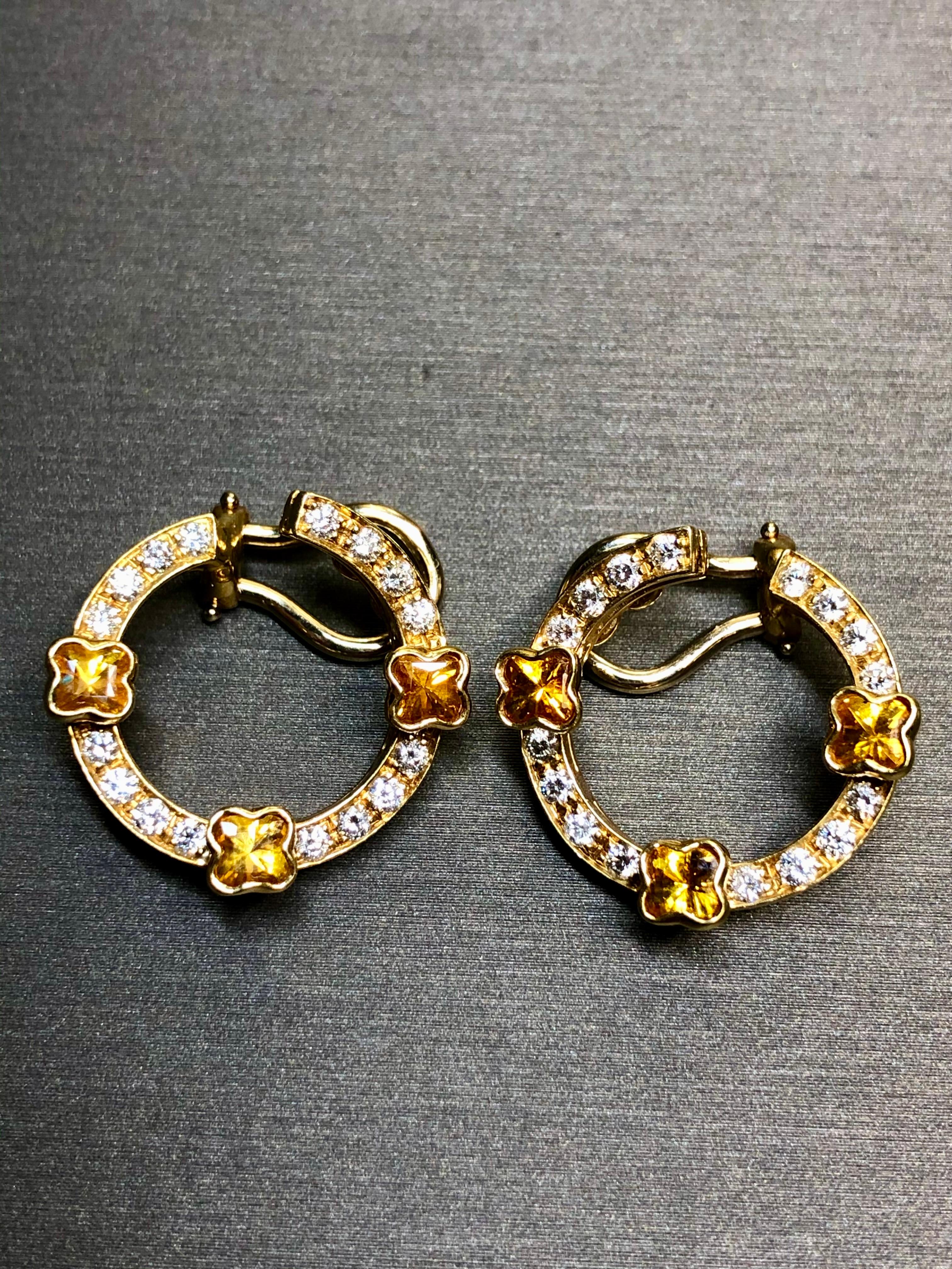 Estate MATTIOLI Pendientes Círculo Zafiro Naranja Diamante Italiano Oro Amarillo 18K en Excelente estado para la venta en Winter Springs, FL