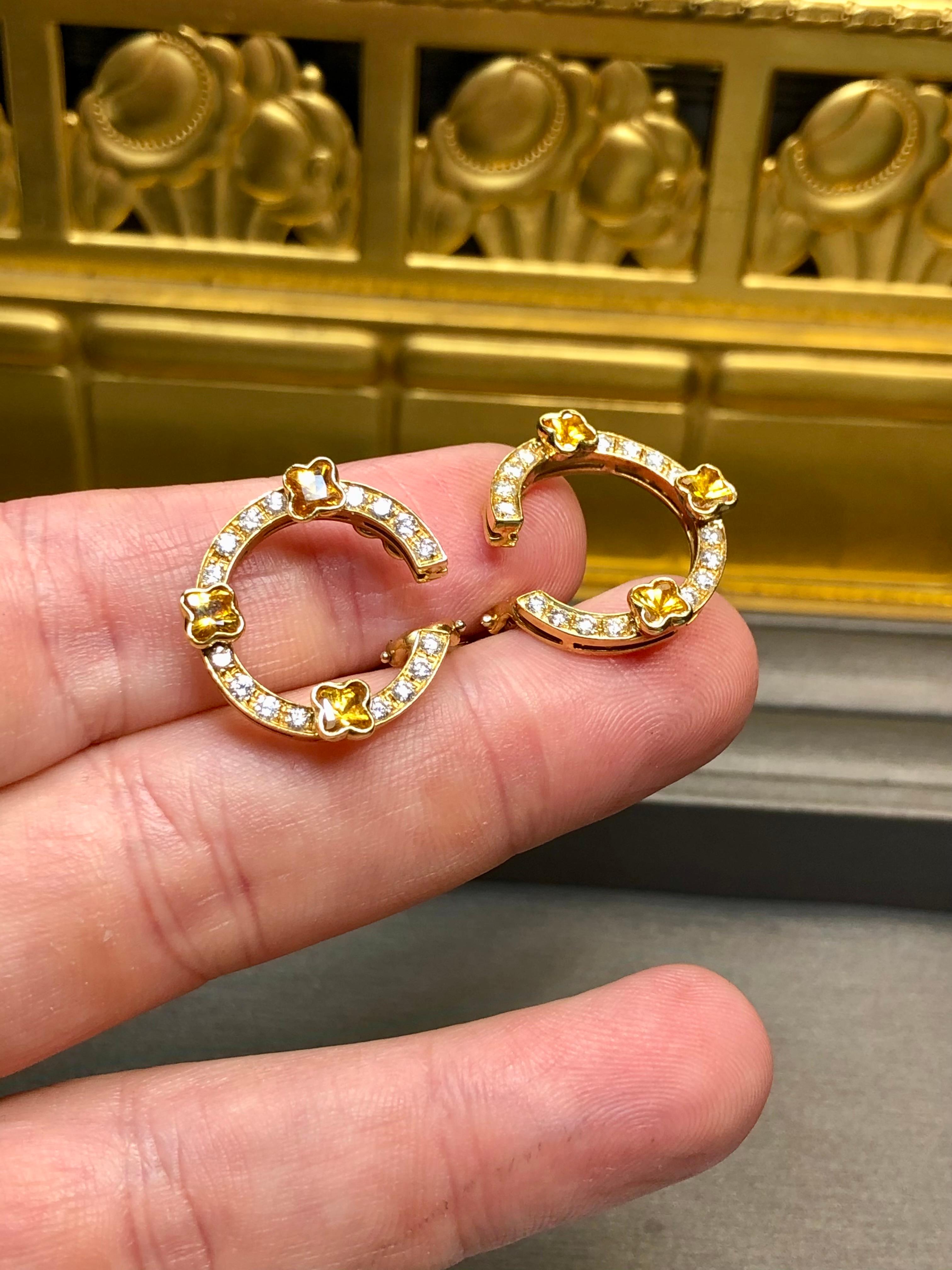 Estate MATTIOLI Pendientes Círculo Zafiro Naranja Diamante Italiano Oro Amarillo 18K en venta 1