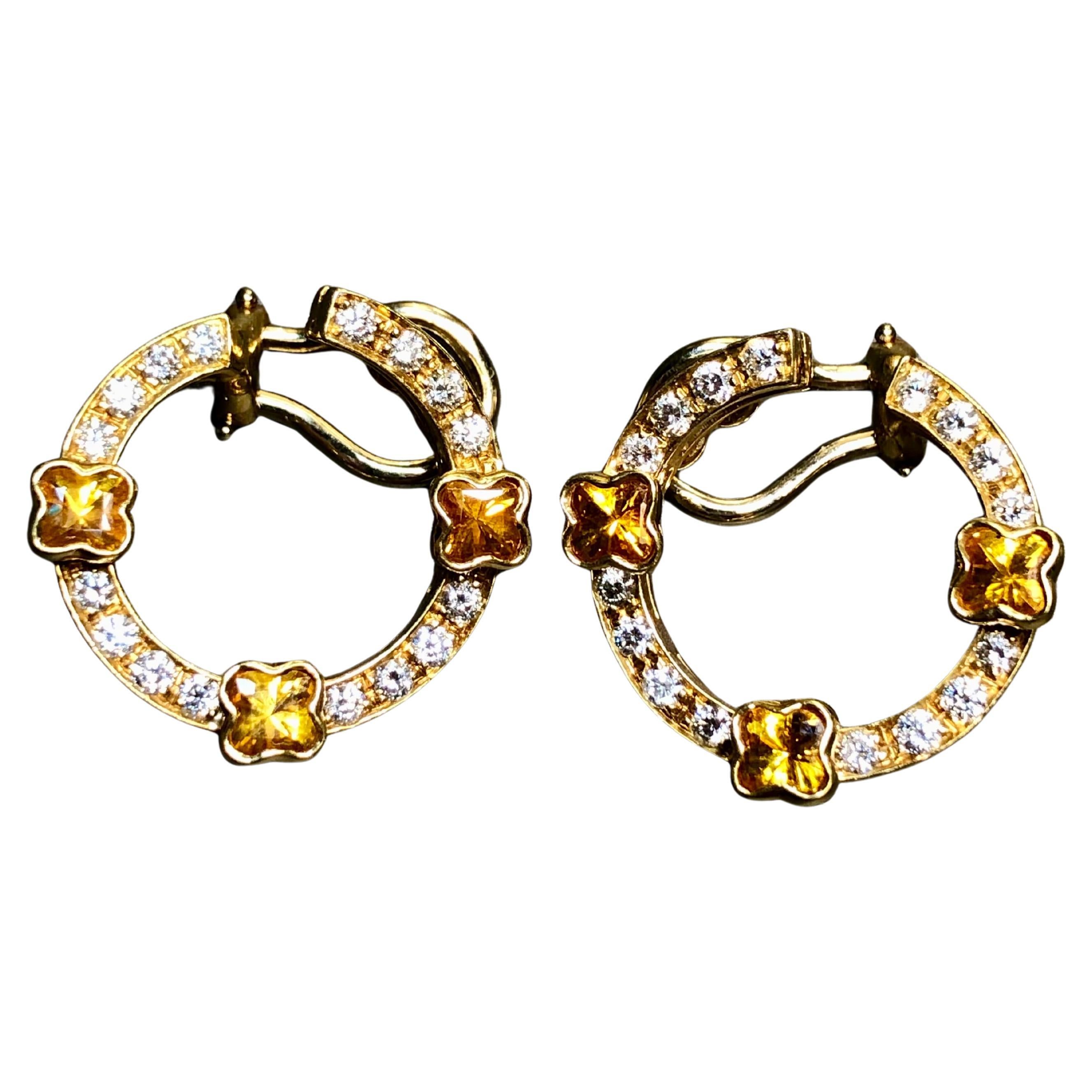 Estate MATTIOLI 18K Yellow Gold Italian Orange Sapphire Diamond Circle Earrings