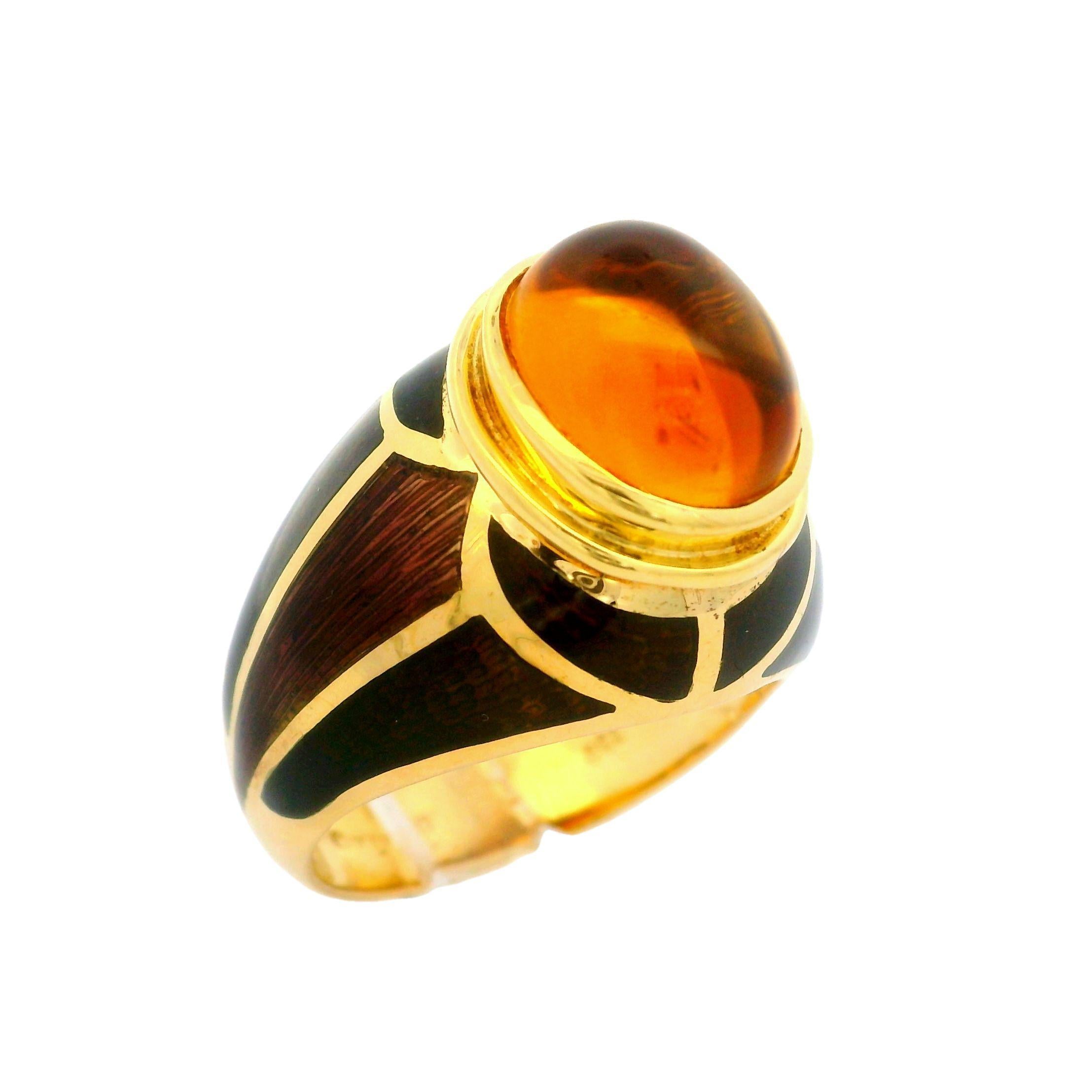 –Stone(s)–
(1) Natural Genuine Citrine - Oval Cabochon - Bezel Set - Golden Yellow Color  - 10.16 x 7.96 (approx.)

Material: Solid 18k Yellow Gold - Coffee Brown Enamel
Weight: 11.04 Grams
Ring Size: 6.5 ( fitted on finger, please contact us prior