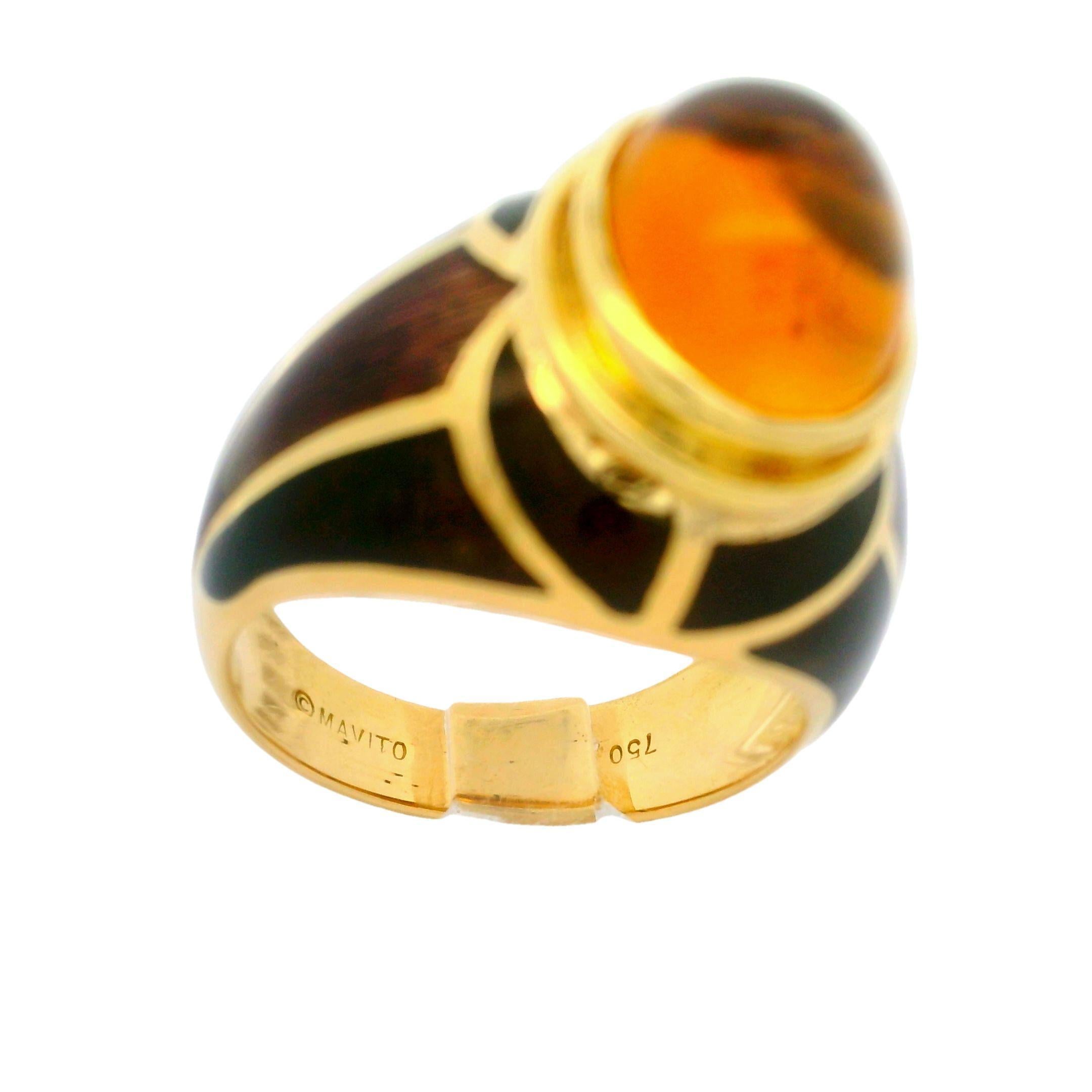 Cabochon Estate Mavito 18k Yellow Gold Citrine & Mosaic Brown Enamel High Profile Ring For Sale