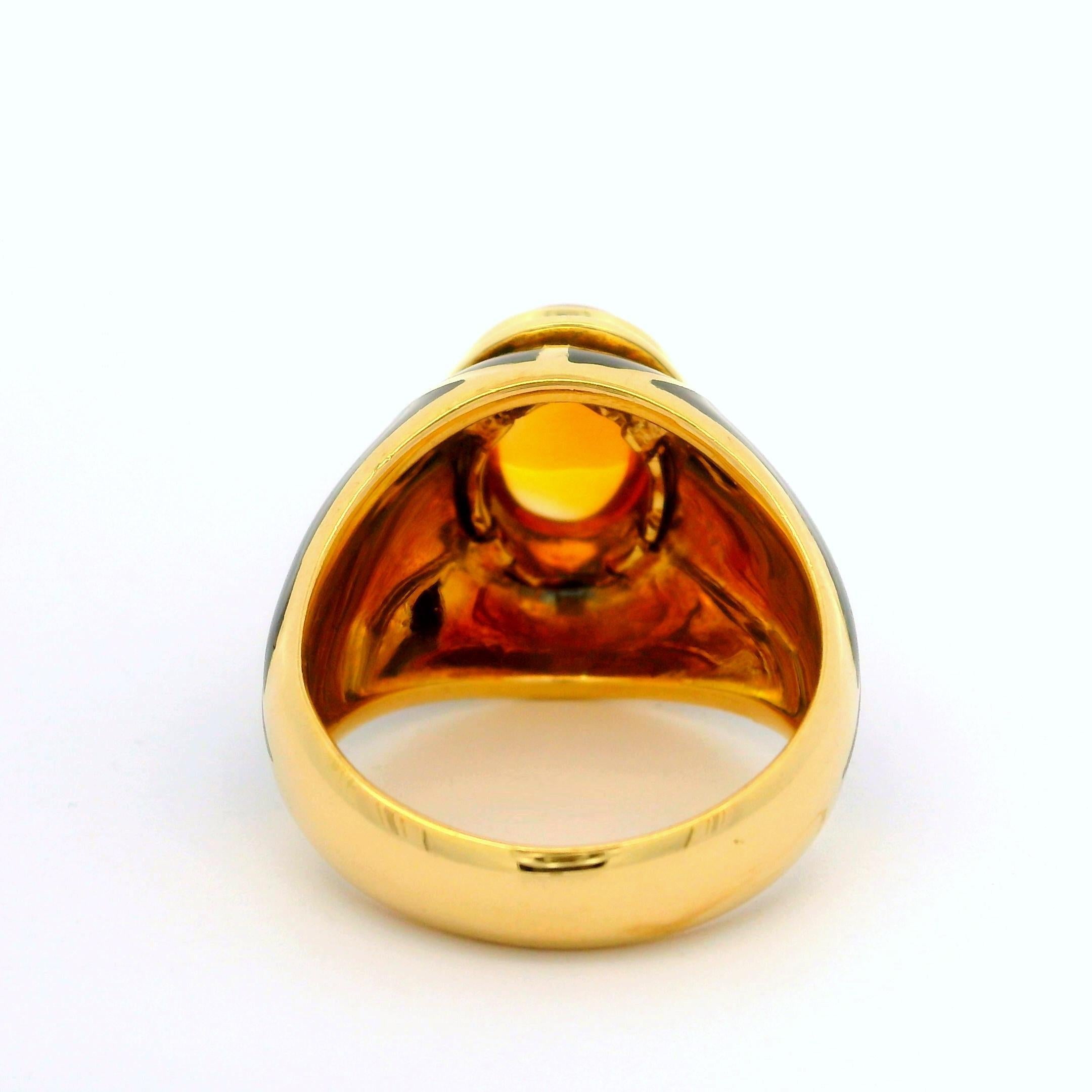Estate Mavito 18k Yellow Gold Citrine & Mosaic Brown Enamel High Profile Ring In Excellent Condition For Sale In Montclair, NJ