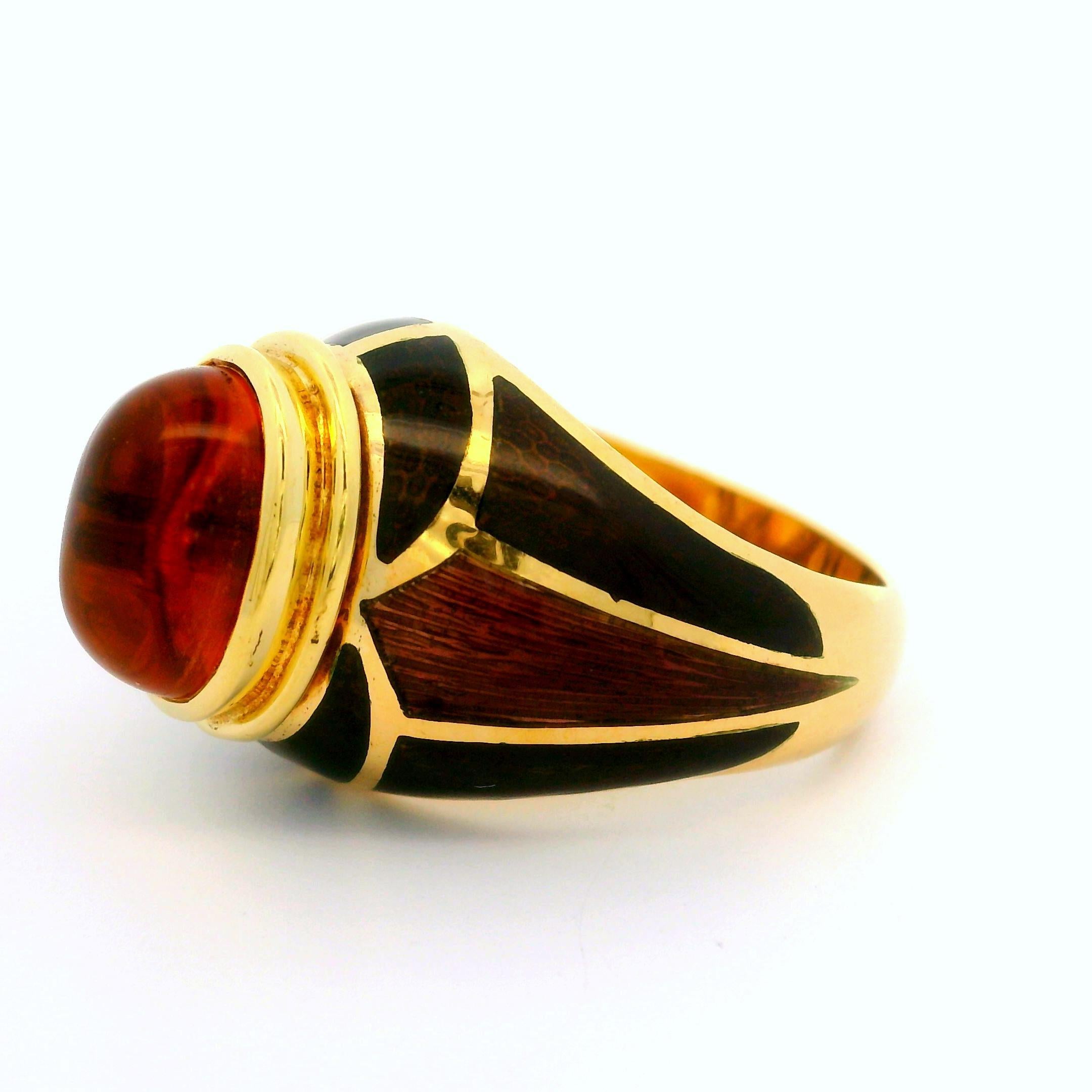 Women's Estate Mavito 18k Yellow Gold Citrine & Mosaic Brown Enamel High Profile Ring For Sale