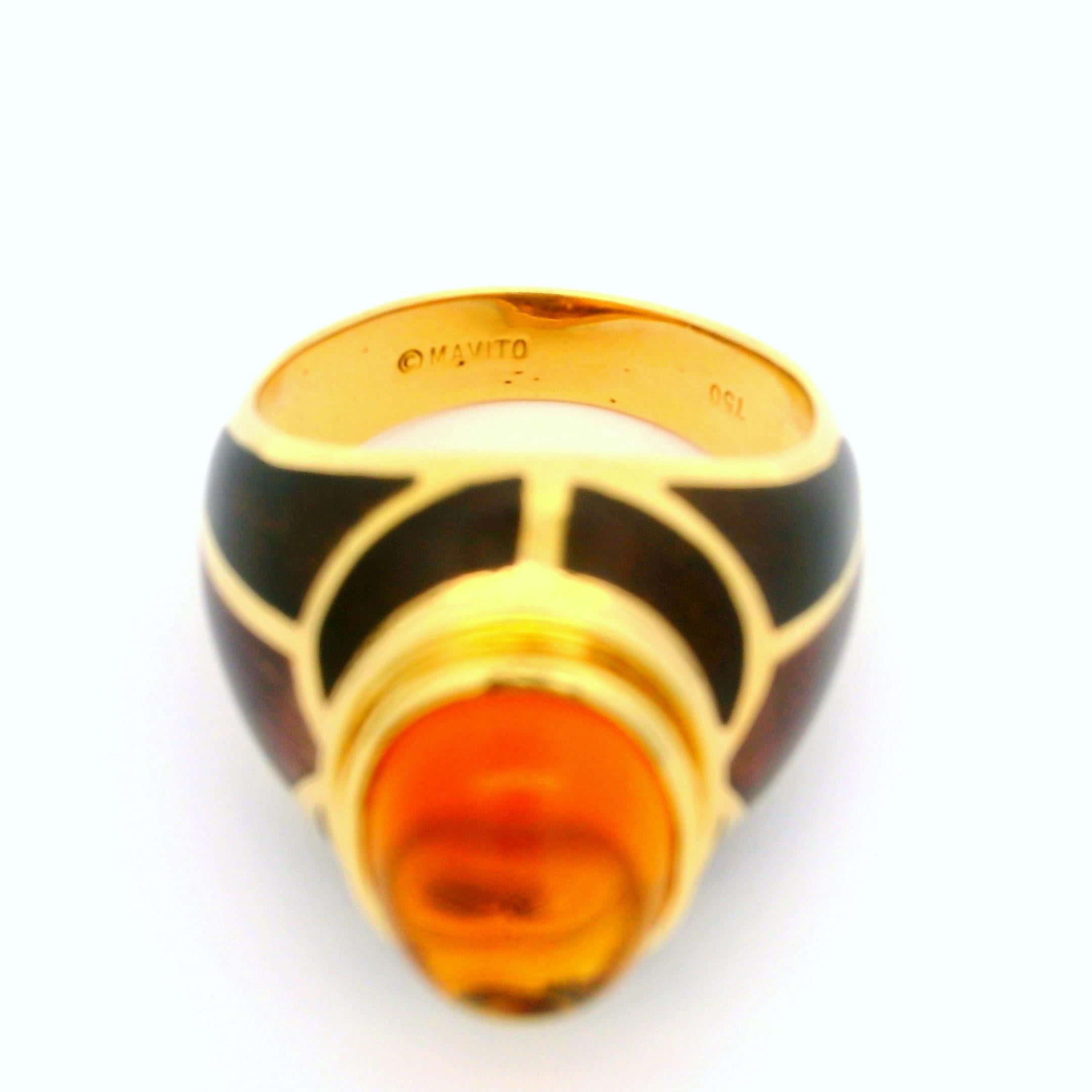 Estate Mavito 18k Yellow Gold Citrine & Mosaic Brown Enamel High Profile Ring For Sale 2