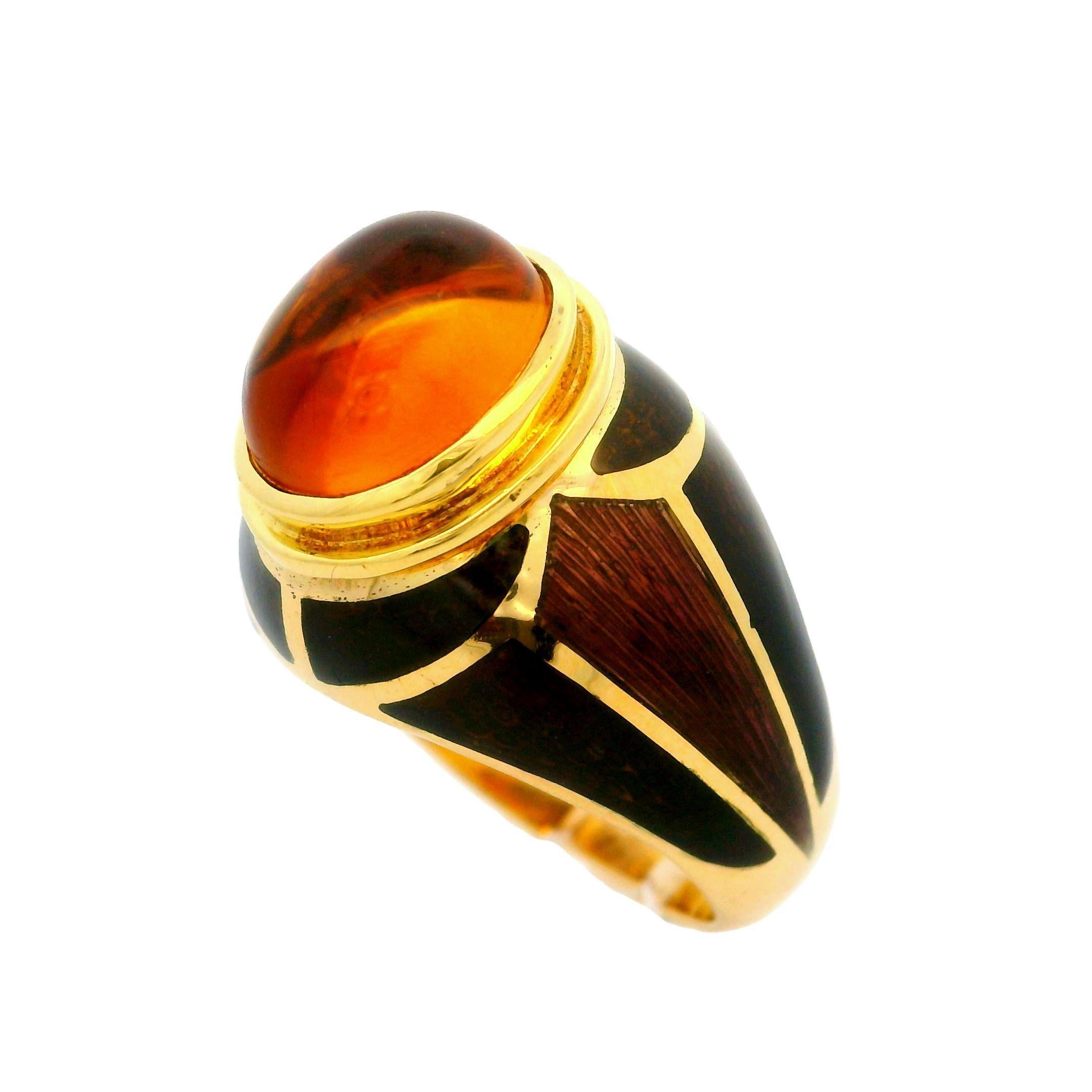 Estate Mavito 18k Yellow Gold Citrine & Mosaic Brown Enamel High Profile Ring For Sale 4