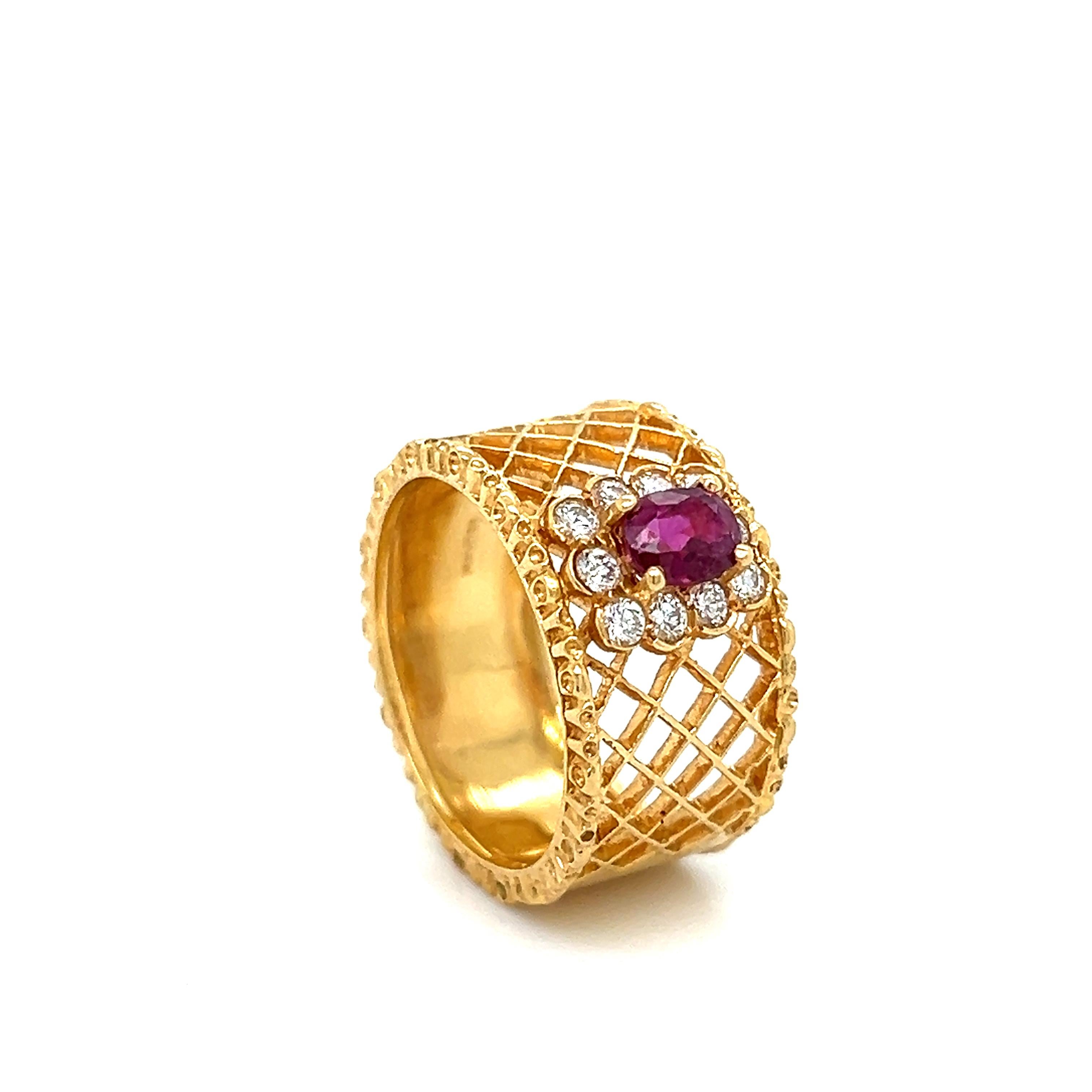 Retro Estate Mayors Ruby & Diamond Gemstone Open Work 18k Yellow Gold Cocktail Ring