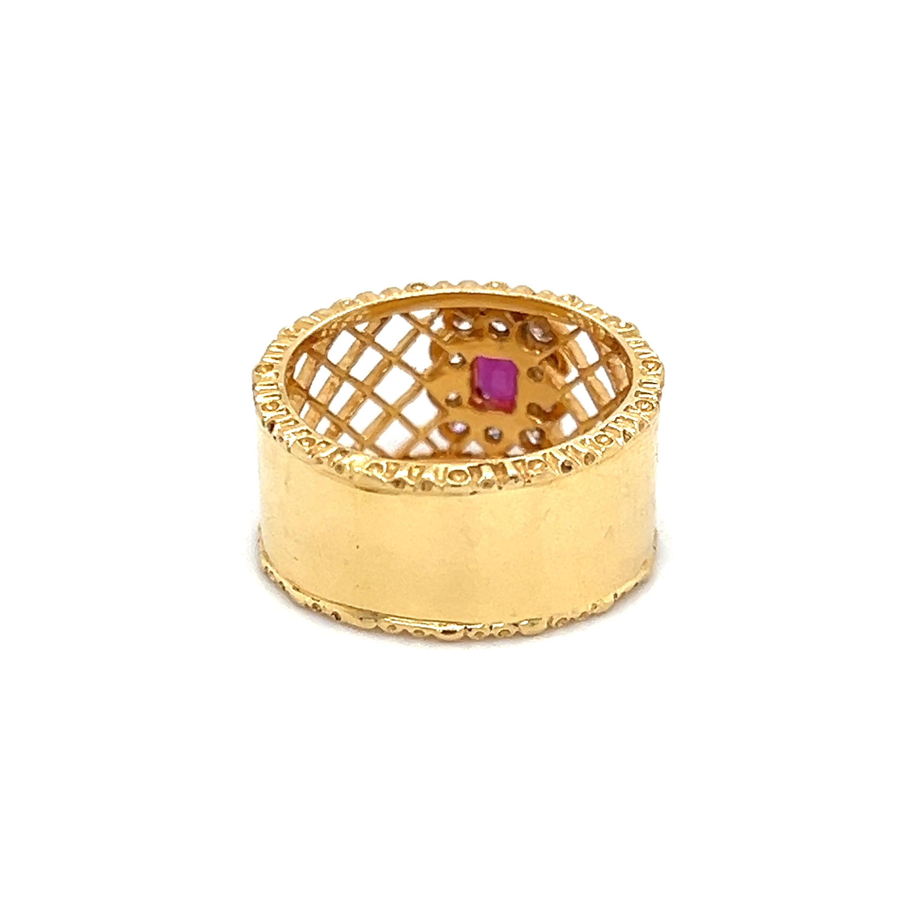 Estate Mayors Ruby & Diamond Gemstone Open Work 18k Yellow Gold Cocktail Ring In Good Condition In MIAMI, FL
