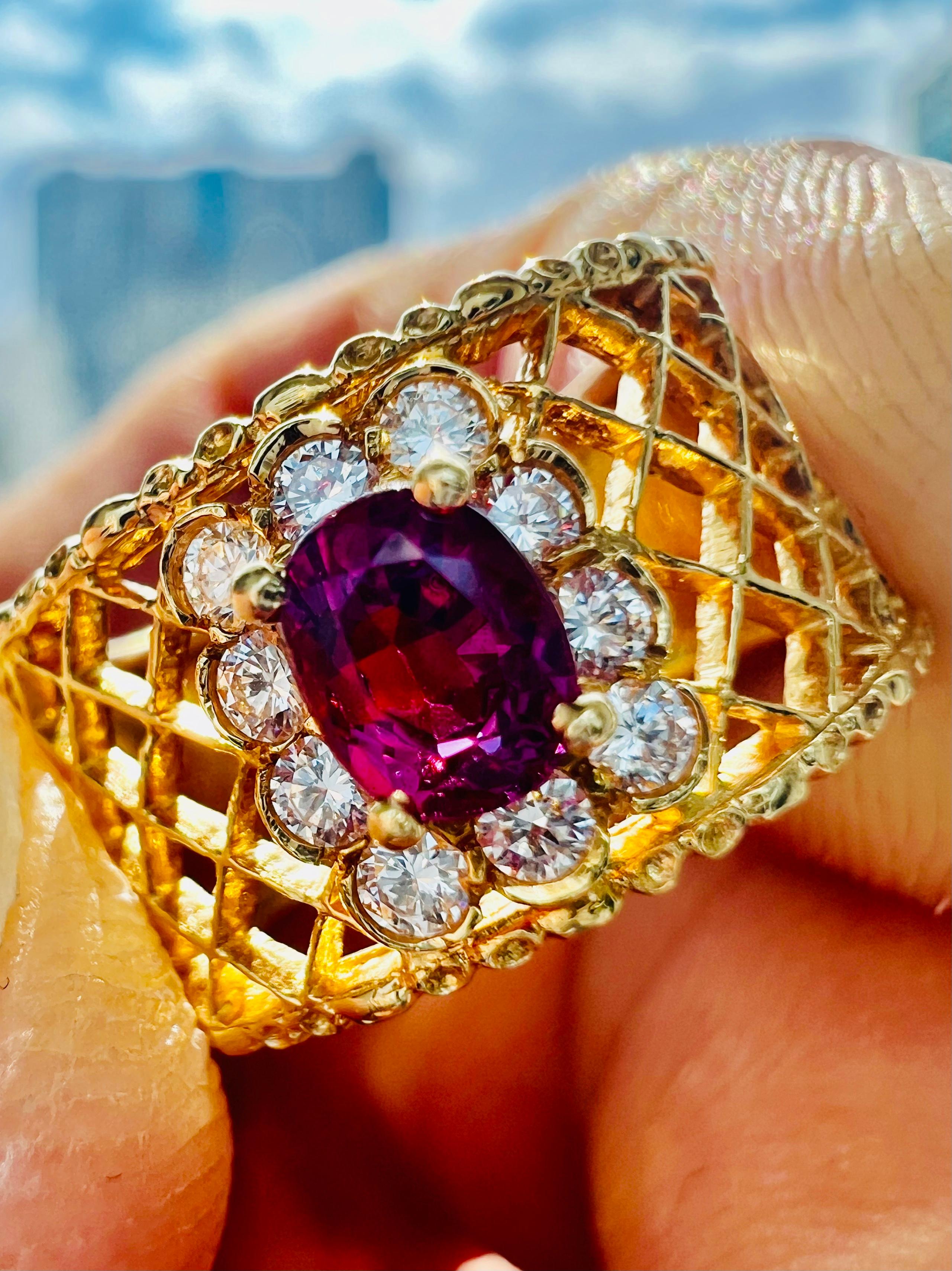 Women's or Men's Estate Mayors Ruby & Diamond Gemstone Open Work 18k Yellow Gold Cocktail Ring