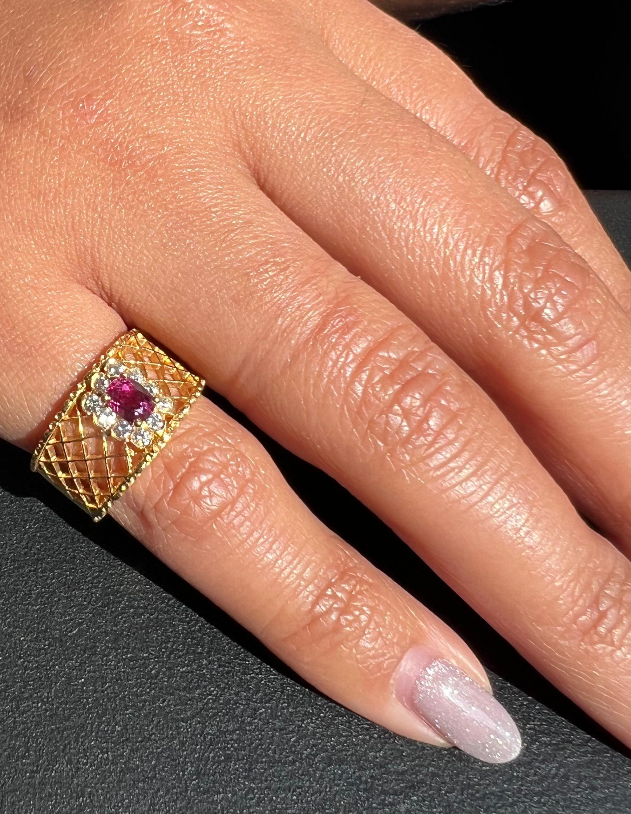 Estate Mayors Ruby & Diamond Gemstone Open Work 18k Yellow Gold Cocktail Ring 1