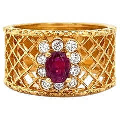 Estate Mayors Ruby & Diamond Gemstone Open Work 18k Yellow Gold Cocktail Ring