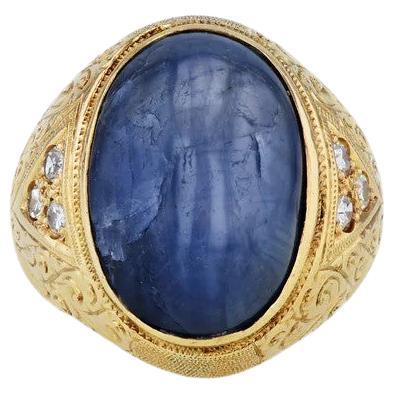 Estate Men's Blue Star Sapphire Diamond Yellow Gold Ring