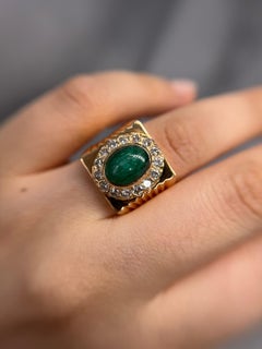 Estate Men's Ring with Natural Emerald & Diamond Halo 18k YG Size 11