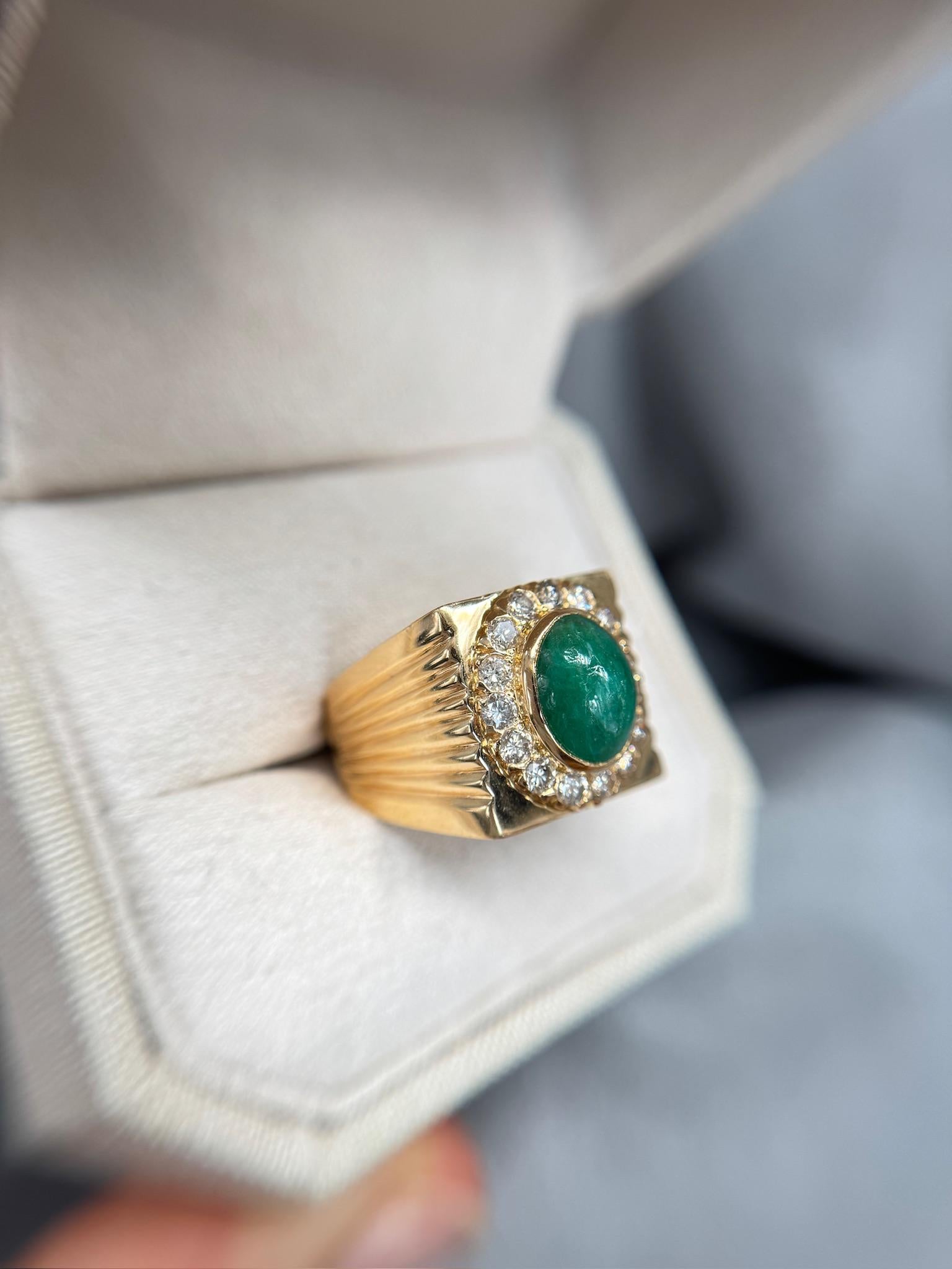 Emerald Cut Estate Men's Ring with Natural Emerald & Diamond Halo 18k YG Size 11 For Sale