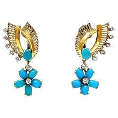 Clips d'oreilles en or 14 carats avec turquoise de Perse et diamants du milieu du 20e siècle