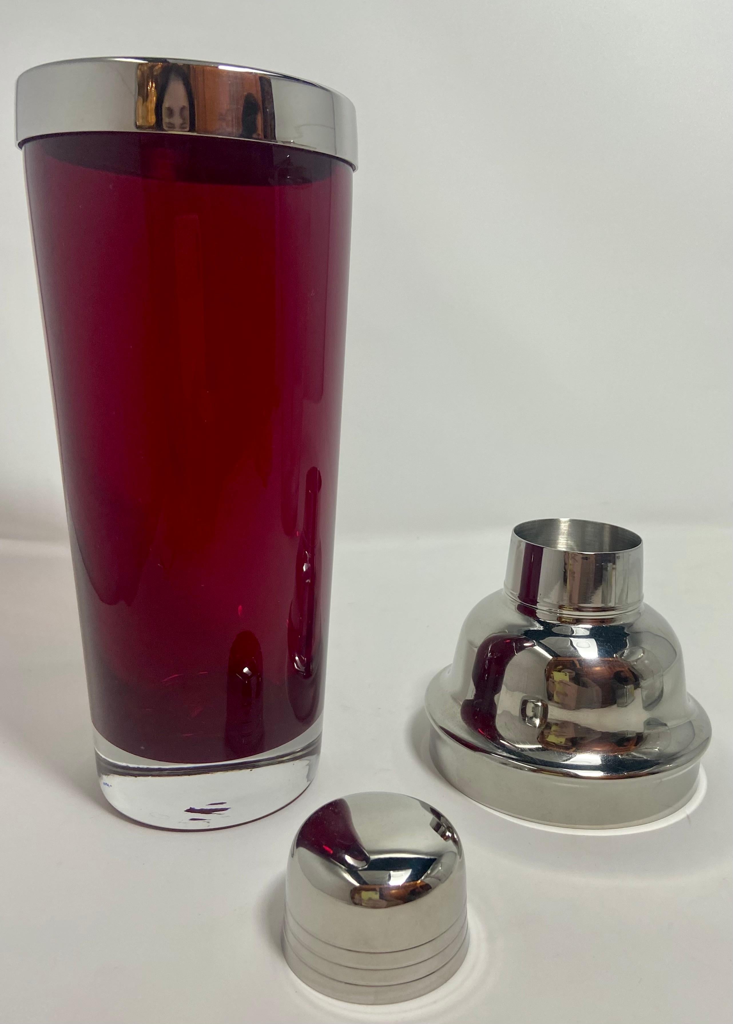Estate Mid-Century Modern ruby red glass and silver-plate cocktail shaker, Circa 1950.