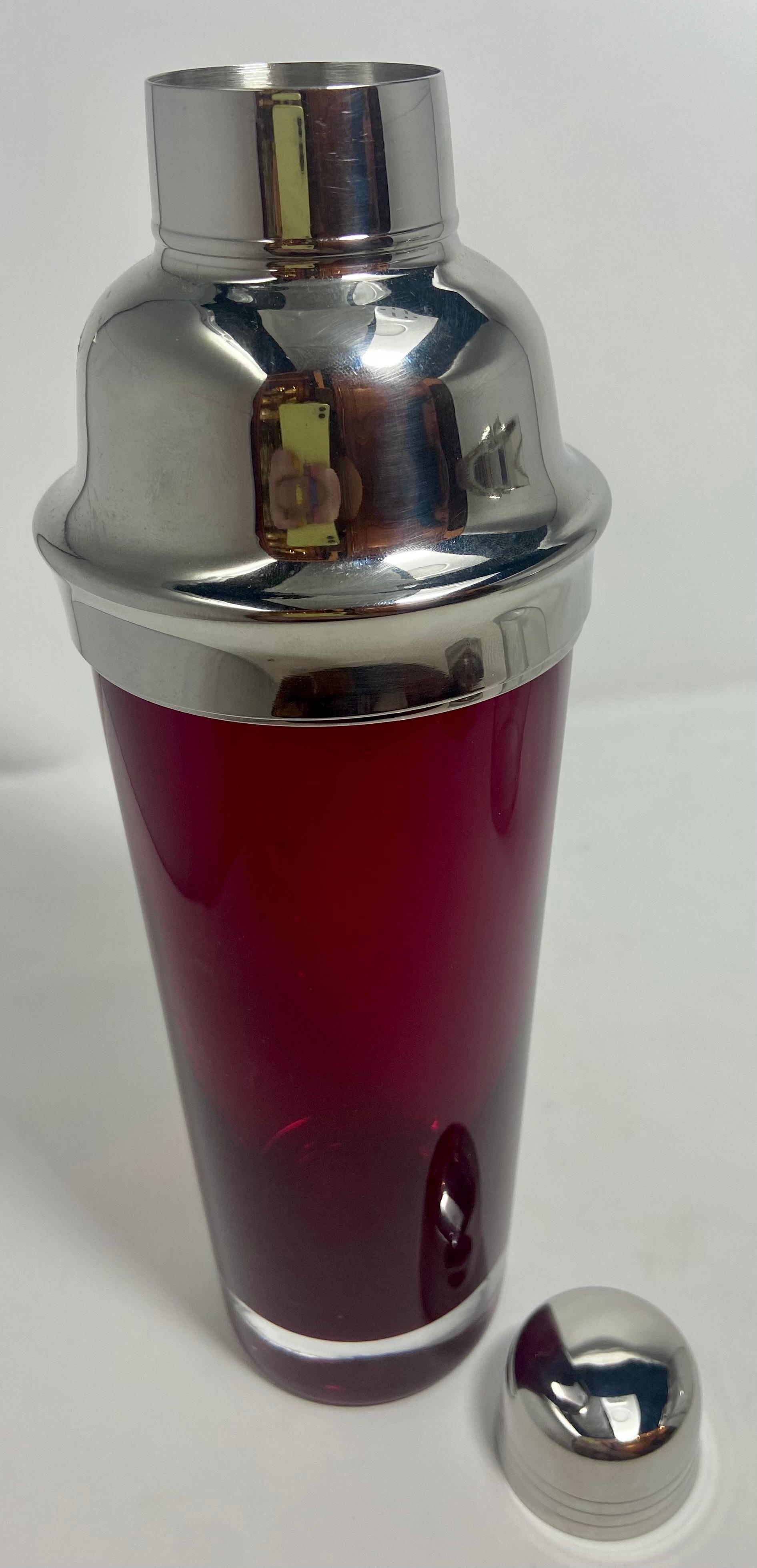 Estate Mid-Century Modern Ruby Red Glass & Silver-Plate Cocktail Shaker, Ca 1950 In Good Condition In New Orleans, LA