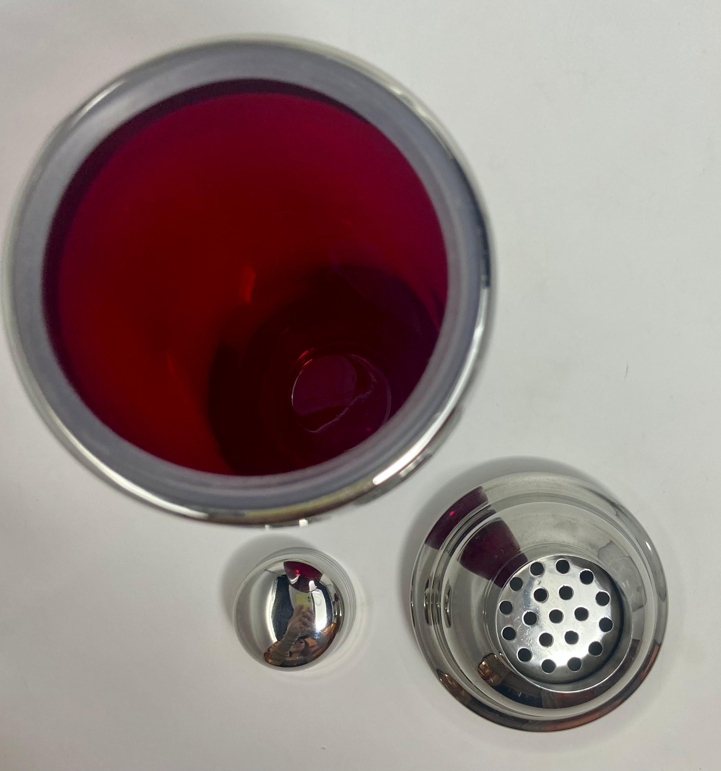 20th Century Estate Mid-Century Modern Ruby Red Glass & Silver-Plate Cocktail Shaker, Ca 1950