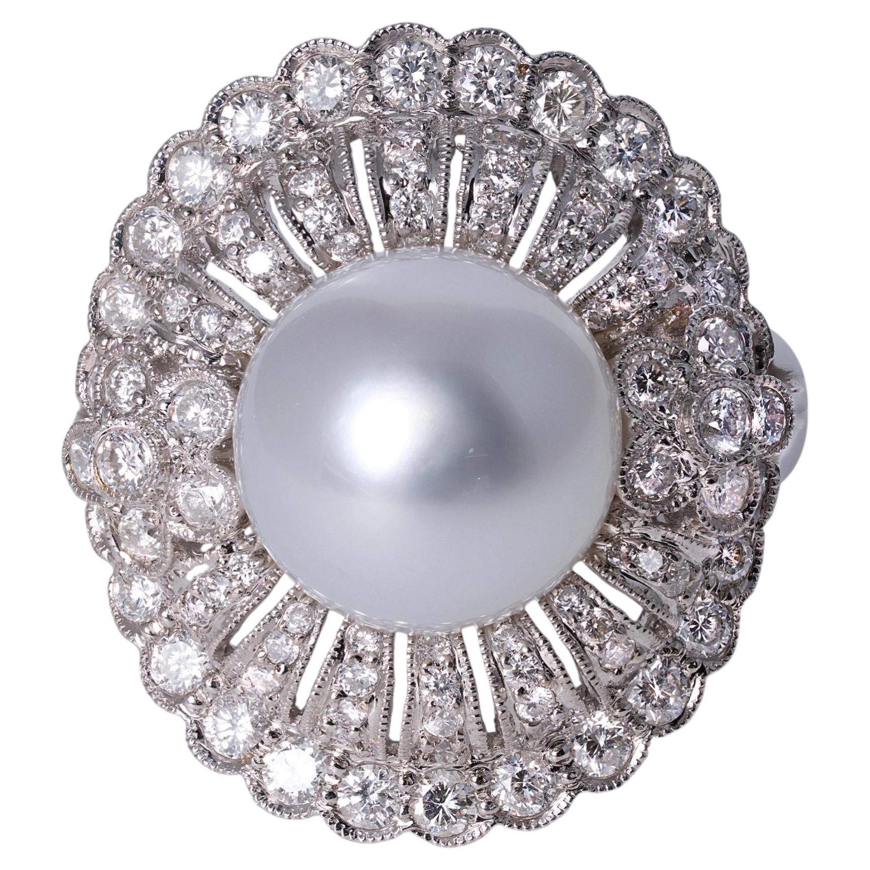 Bague cocktail du milieu du siècle avec perles des mers du Sud et diamants