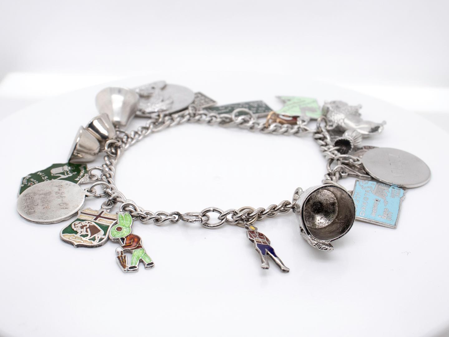 Modern Estate Mid-Century Sterling Silver & Enamel Mid-Western States Charm Bracelet For Sale